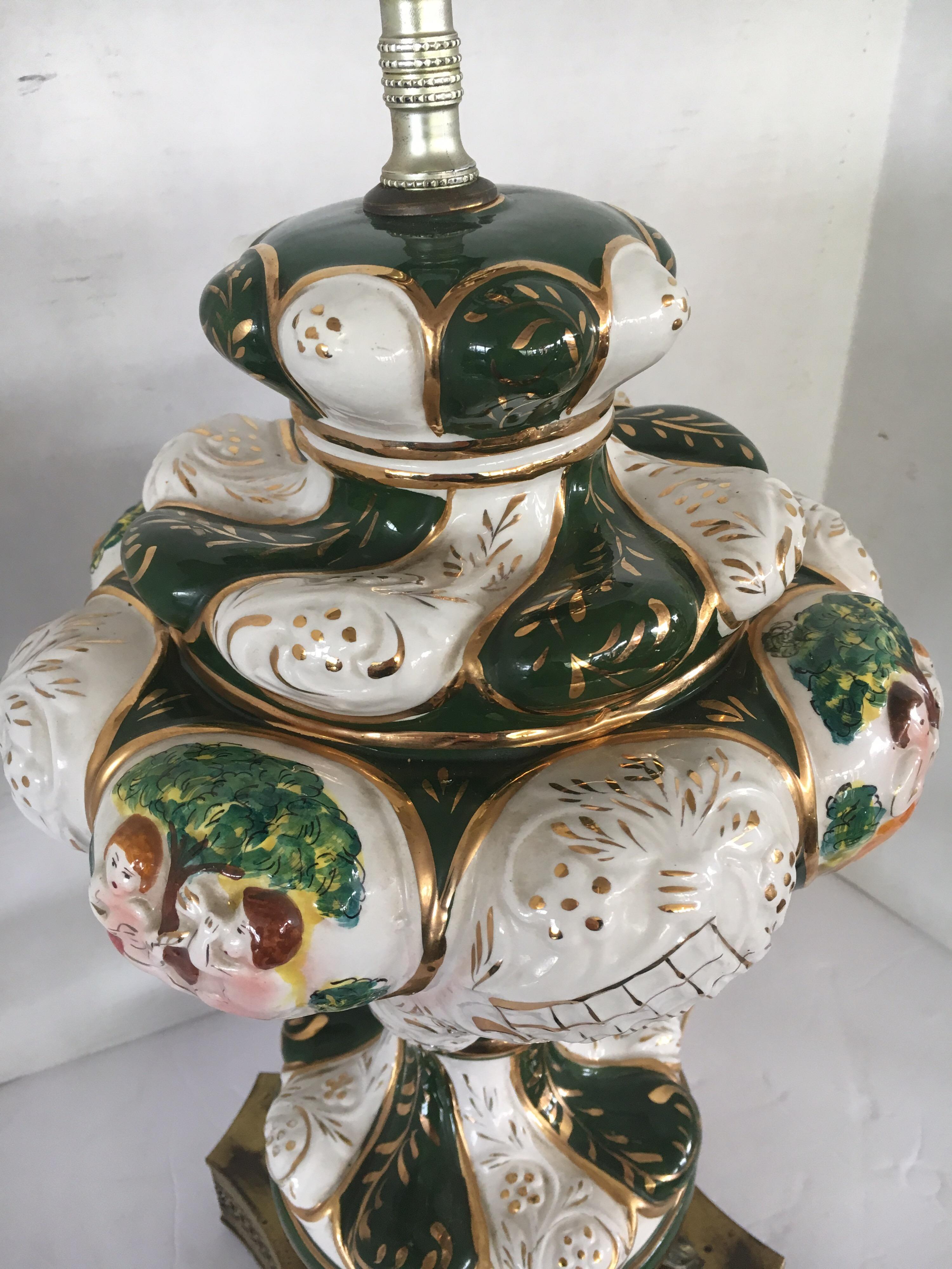 Italian Porcelain Ornate Table Lamp Greens 2