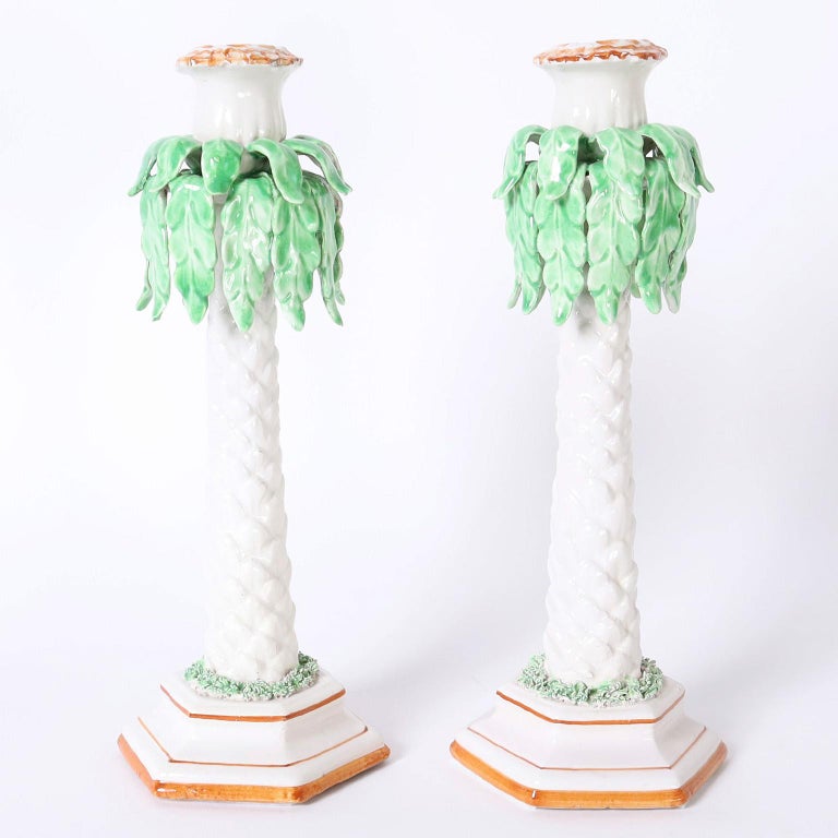 Italian Porcelain Palm Tree Candlesticks, Priced Per Pair For Sale at