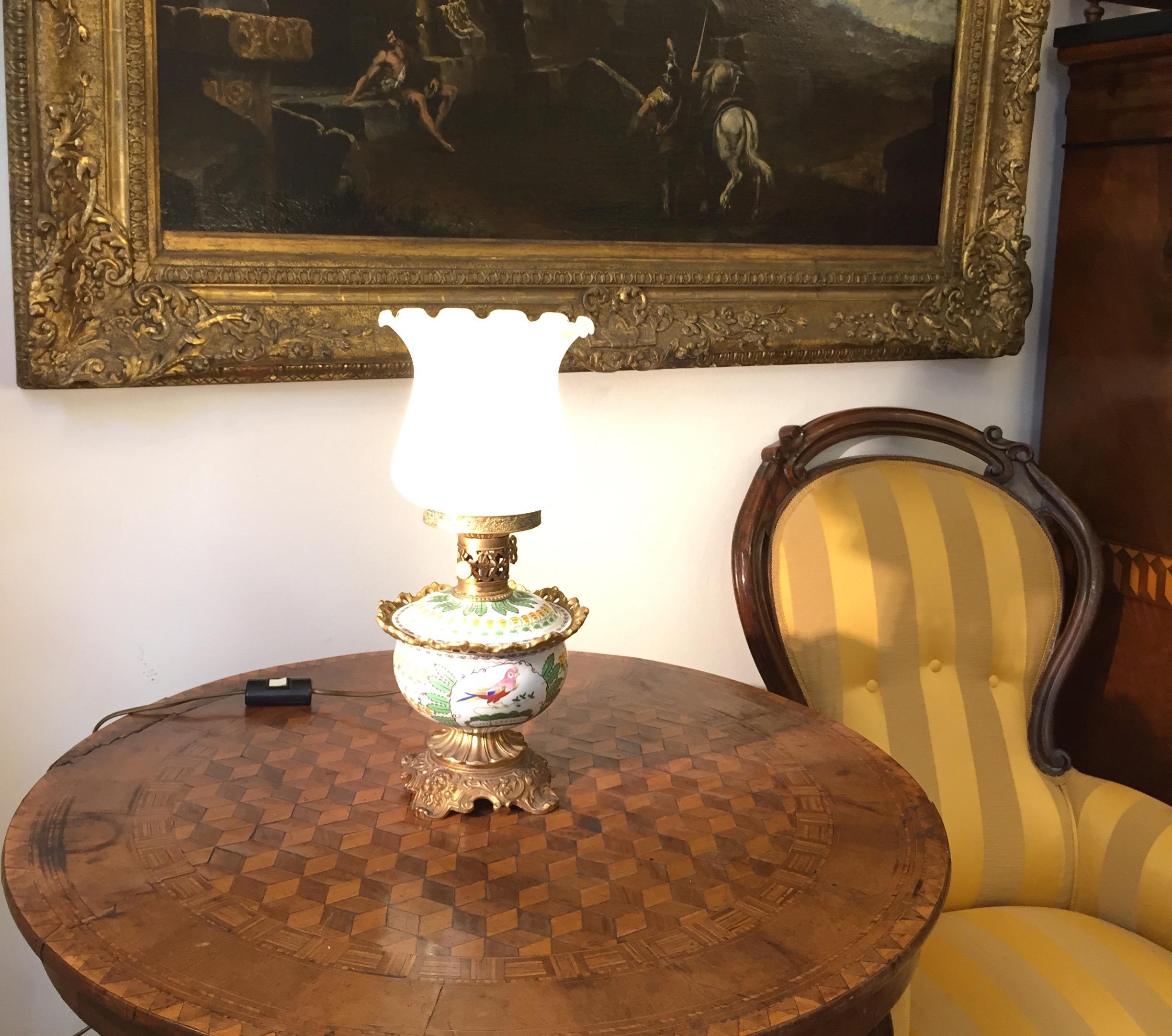 Lampe de table en verre florentin, bronze doré et porcelaine par Mangani, 1970 en vente 9