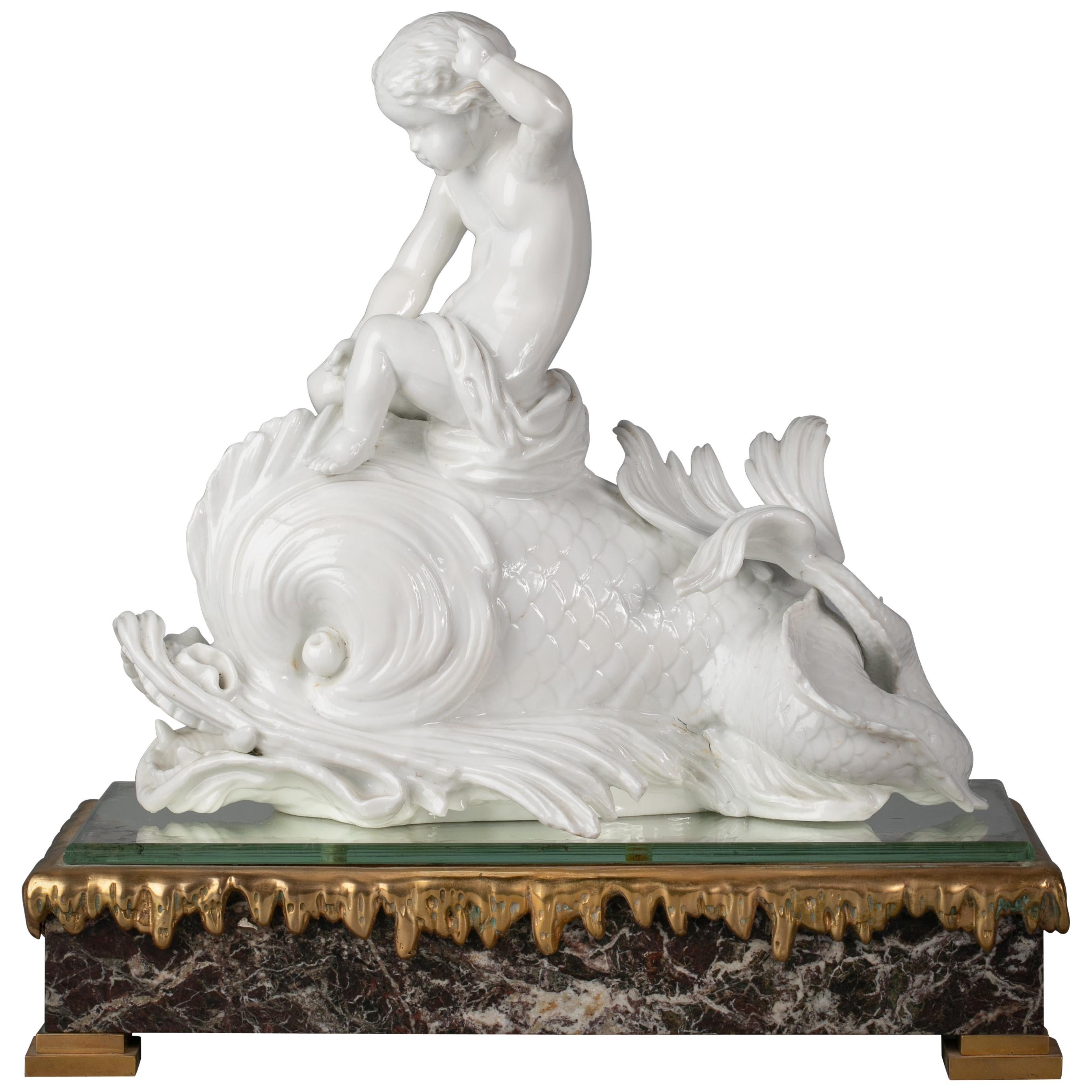 Italian Porcelain White Dolphin Group on Bronze Base, Ginori, circa 1860