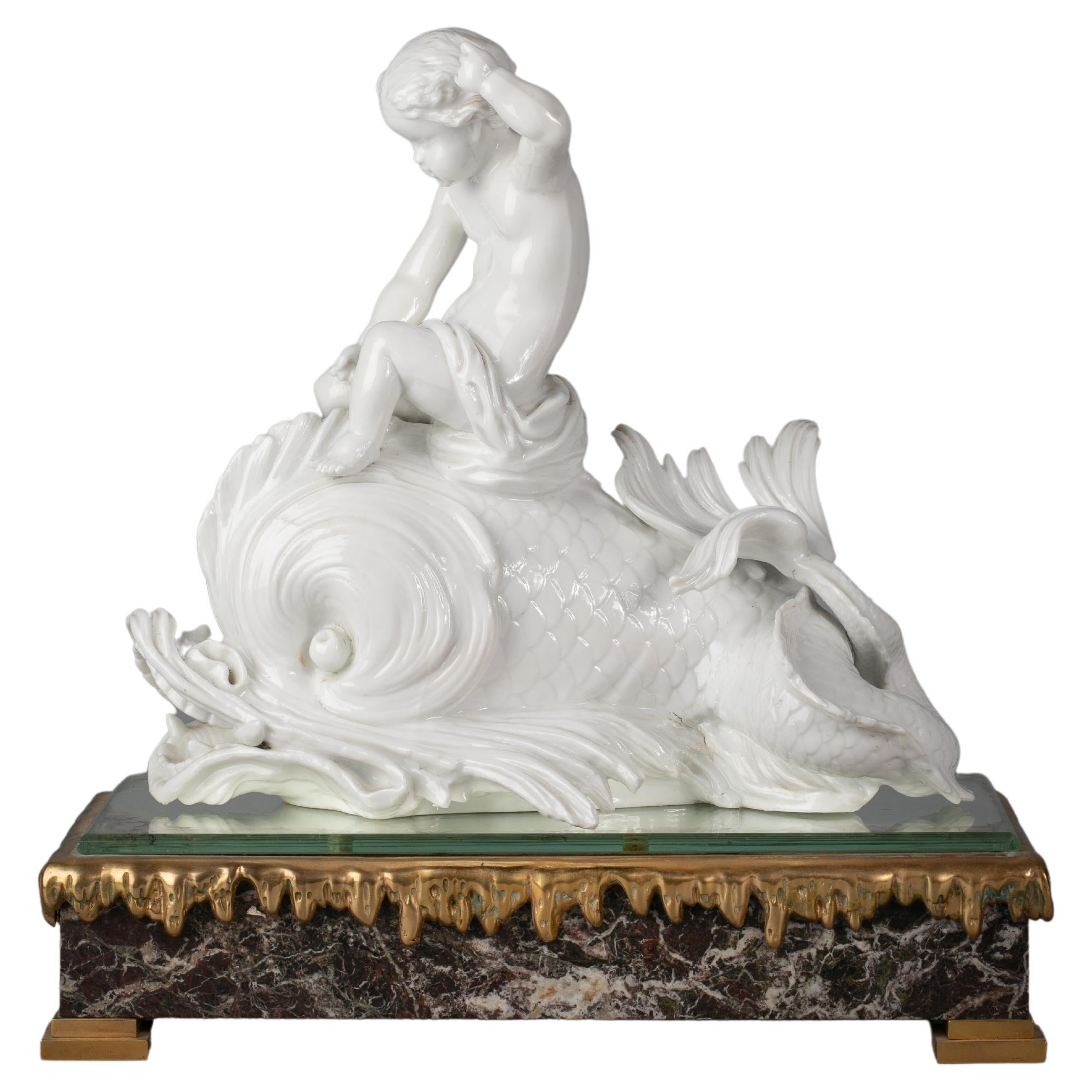 Italian Porcelain White Dolphin Group on Bronze Base, Ginori, Circa 1860