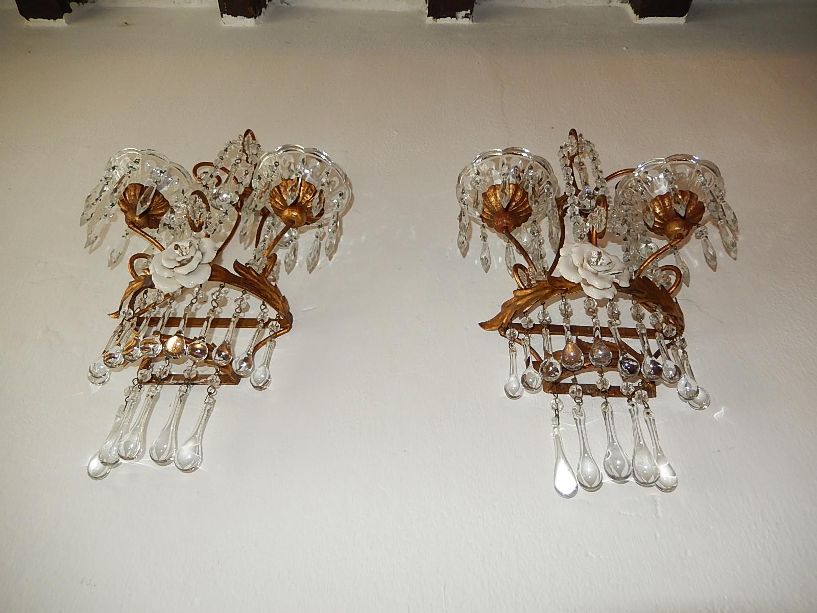 Italian Porcelain White Rose Crystal Murano Drops Sconces, circa 1930 For Sale 7