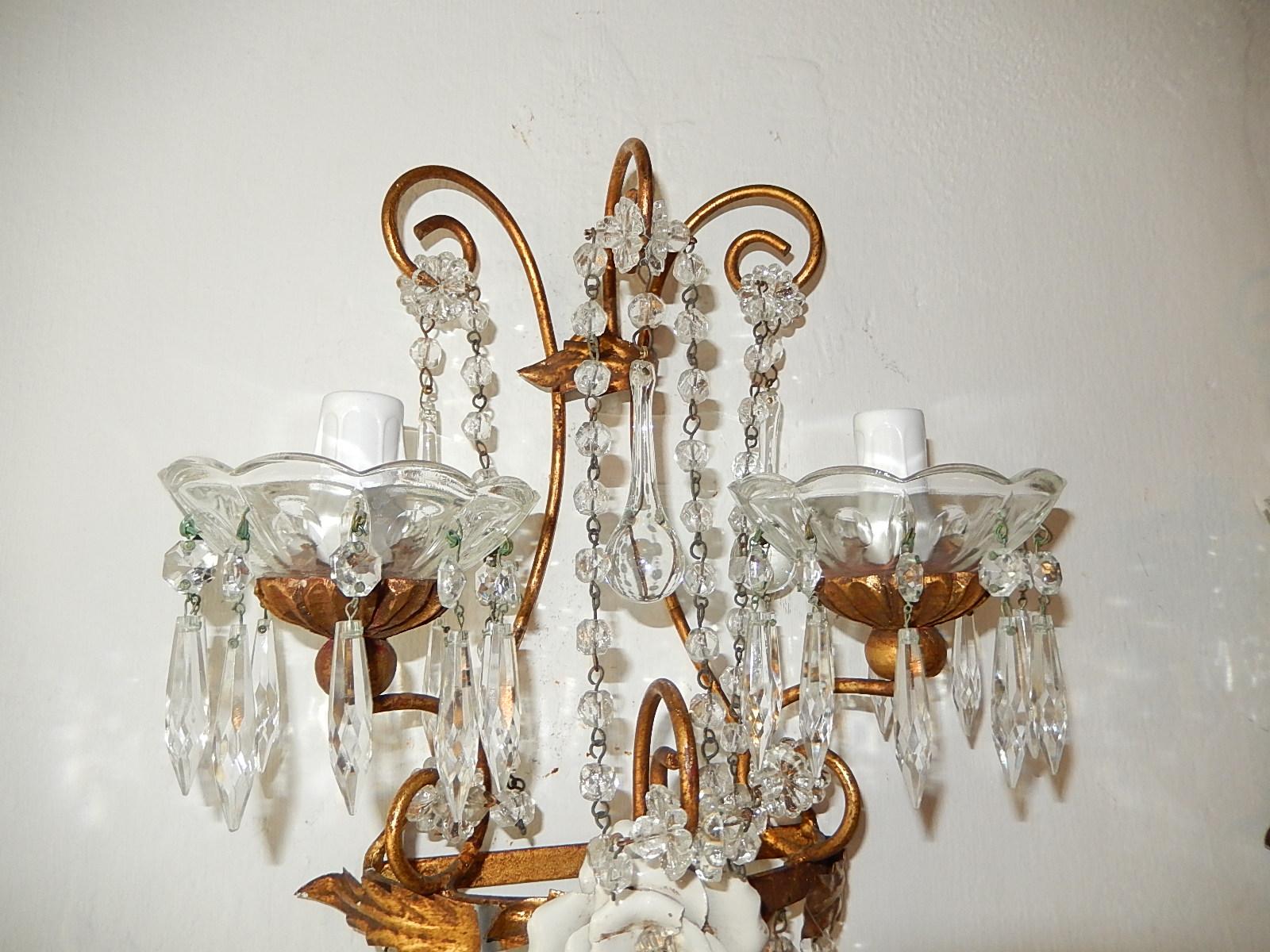 Mid-20th Century Italian Porcelain White Rose Crystal Murano Drops Sconces, circa 1930 For Sale