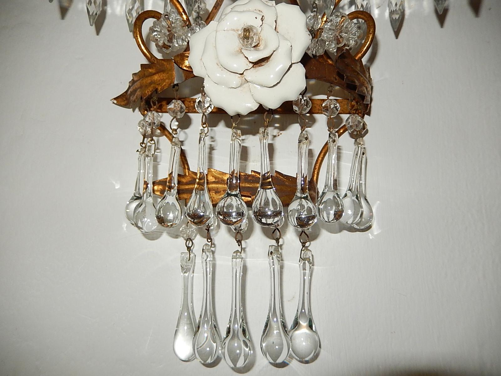 Italian Porcelain White Rose Crystal Murano Drops Sconces, circa 1930 For Sale 1