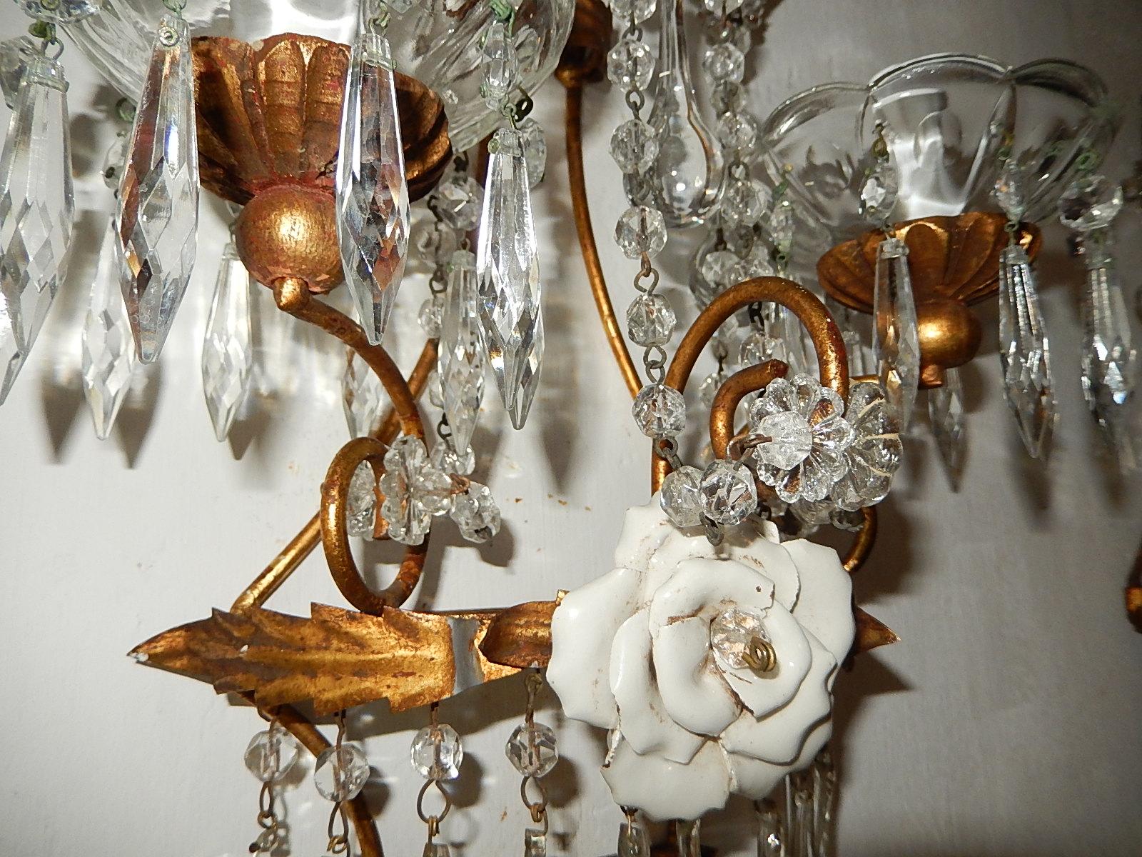 Italian Porcelain White Rose Crystal Murano Drops Sconces, circa 1930 For Sale 2