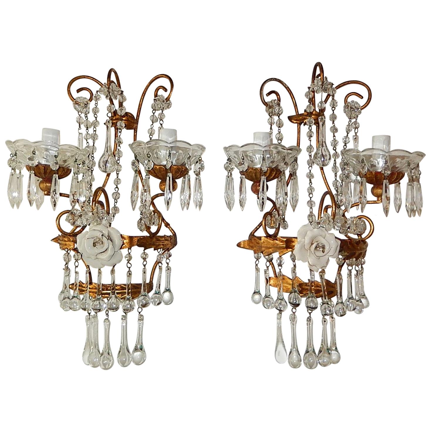 Italian Porcelain White Rose Crystal Murano Drops Sconces, circa 1930 For Sale