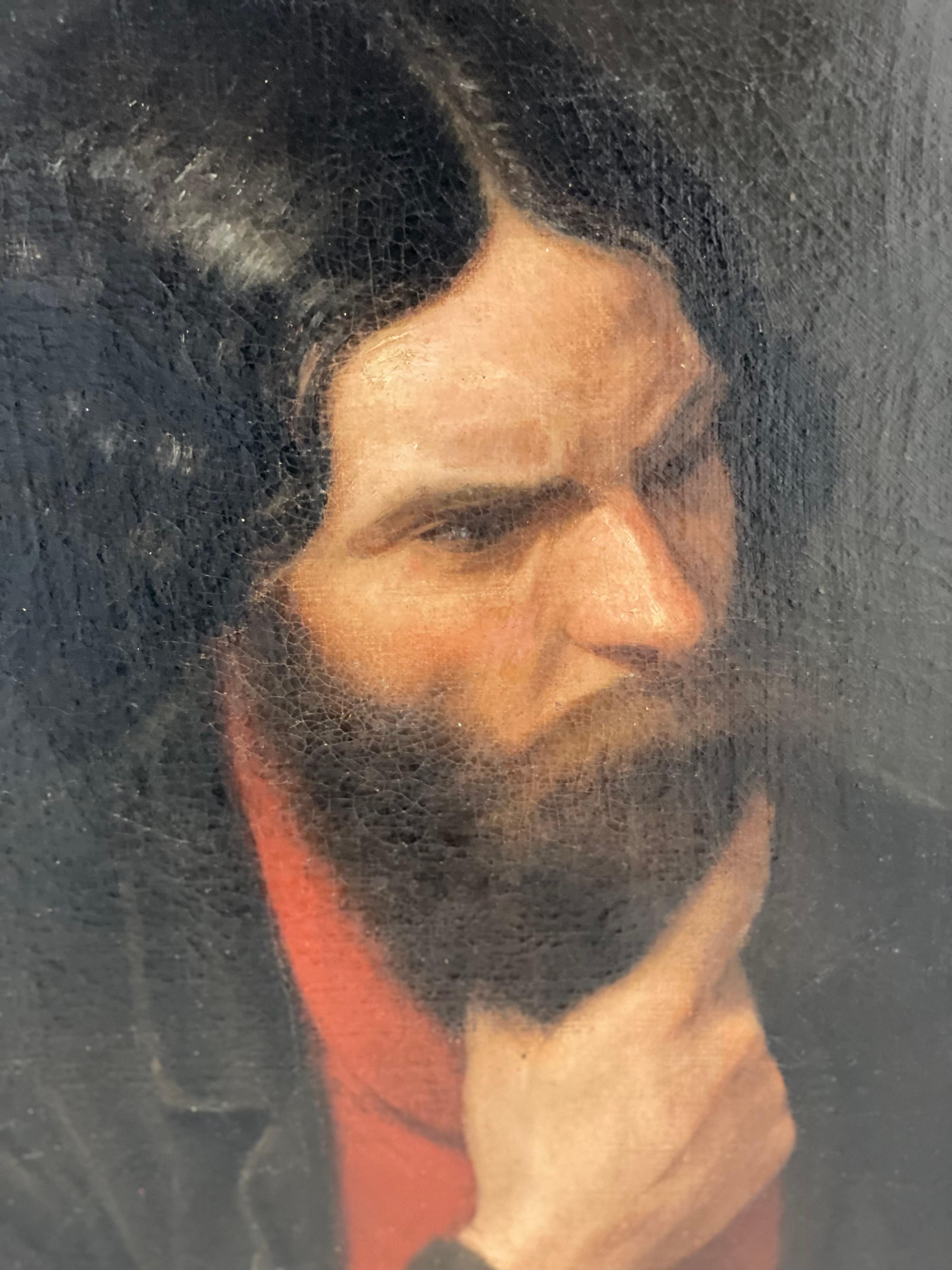 Oil on canvas represents a thinking man. The man in the dark background wearing a dark jacket; a chiaroscuro work is fascinating. The brilliance of the red coat is central. The subject's hand holding his beard, the head slightly tilted, and the
