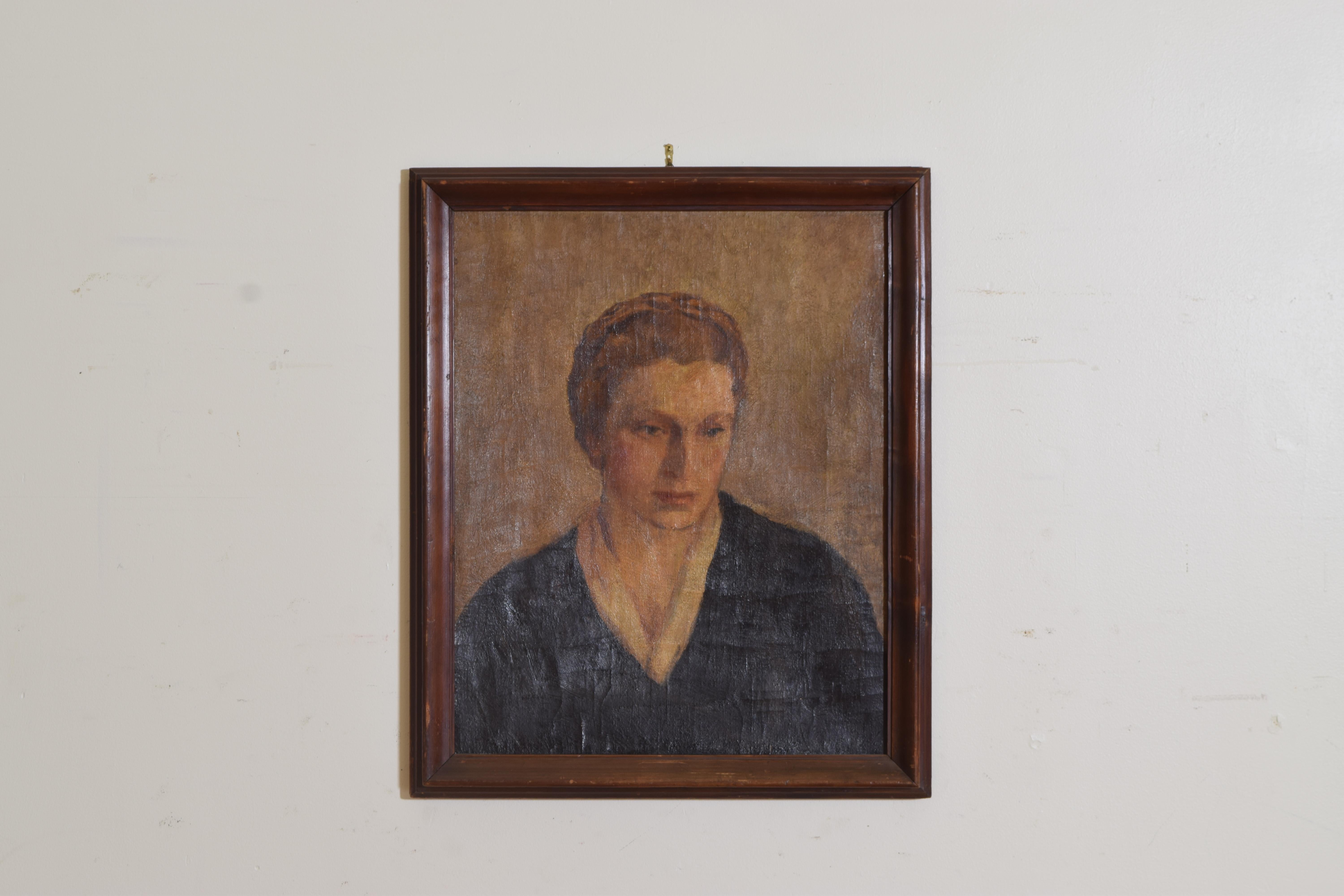 Painted in the style of the realist school, see Edward Hopper, this lady gazes somberly forward and downward to her left, retaining original wooden frame.
