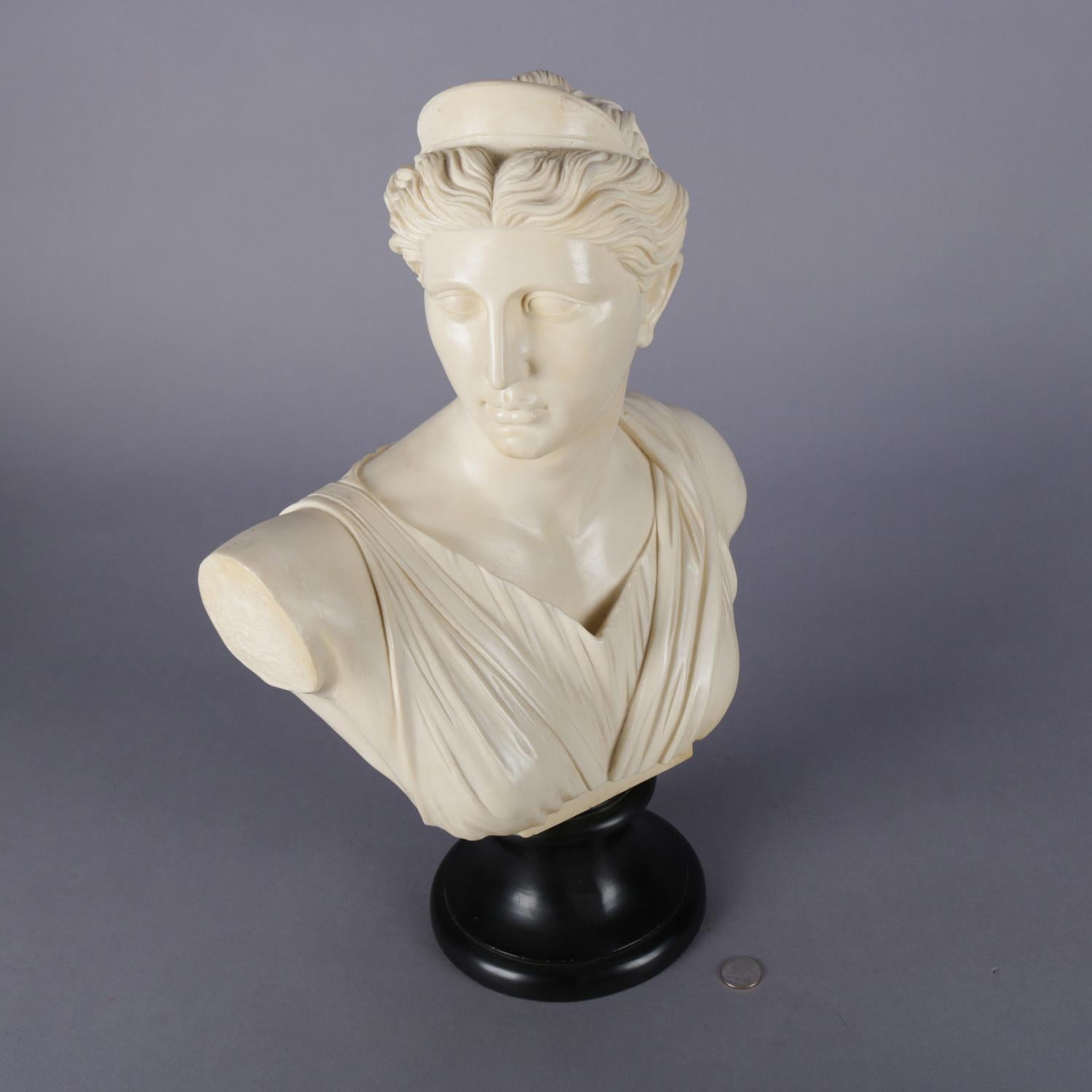 Italian Portrait Sculpture of Classical Artemis Signed A. Santini, Resin In Good Condition In Big Flats, NY