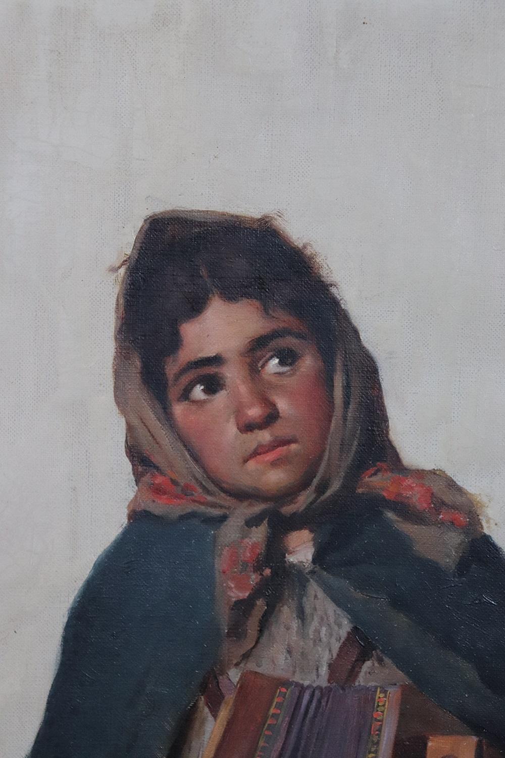 Début du 20ème siècle Portrait italien post-impressionniste à l'huile sur toile d'une petite fille avec accordéon en vente