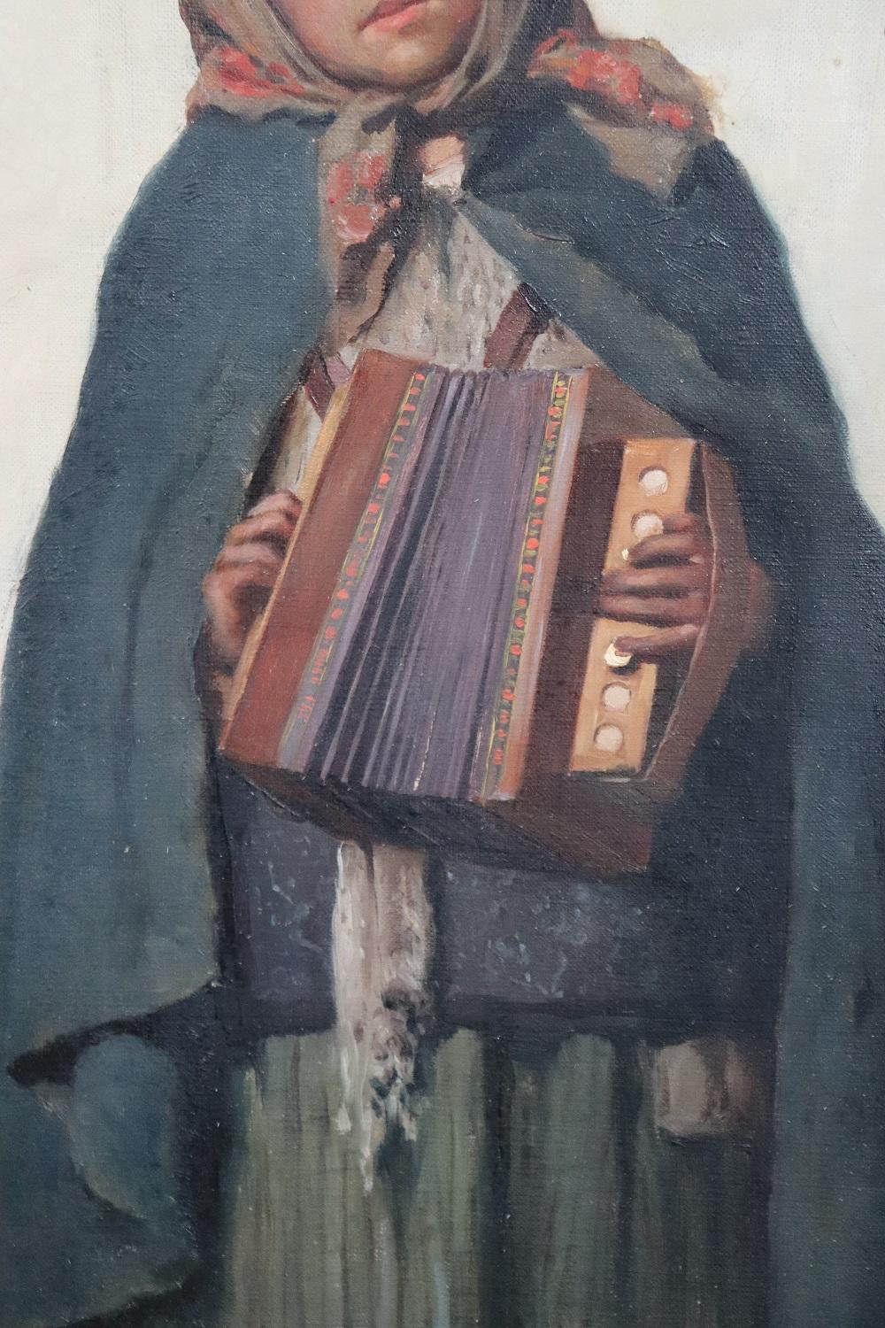 Italian post-impressionist Oil on Canvas Portrait of Little Girl with Accordion For Sale 1