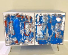 Italian Post Modern Abstract Art Blue Brown Satin Nickel Finish Mirror Cabinet