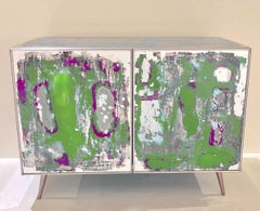 Italian Post Modern Abstract Art Green Purple Satin Nickel Finish Mirror Cabinet