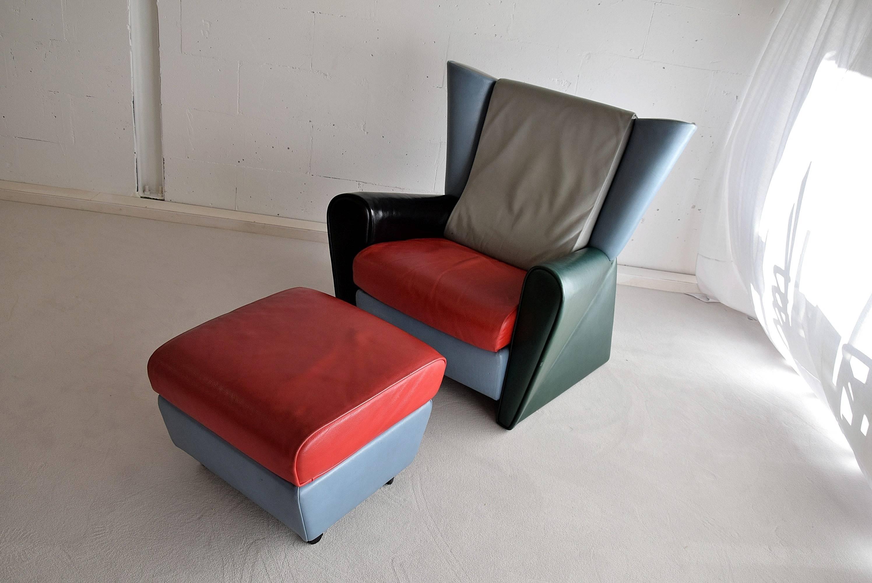 Postmoderne Fauteuil de salon italien post-moderne Alessandro Mendini en cuir multicolore en vente