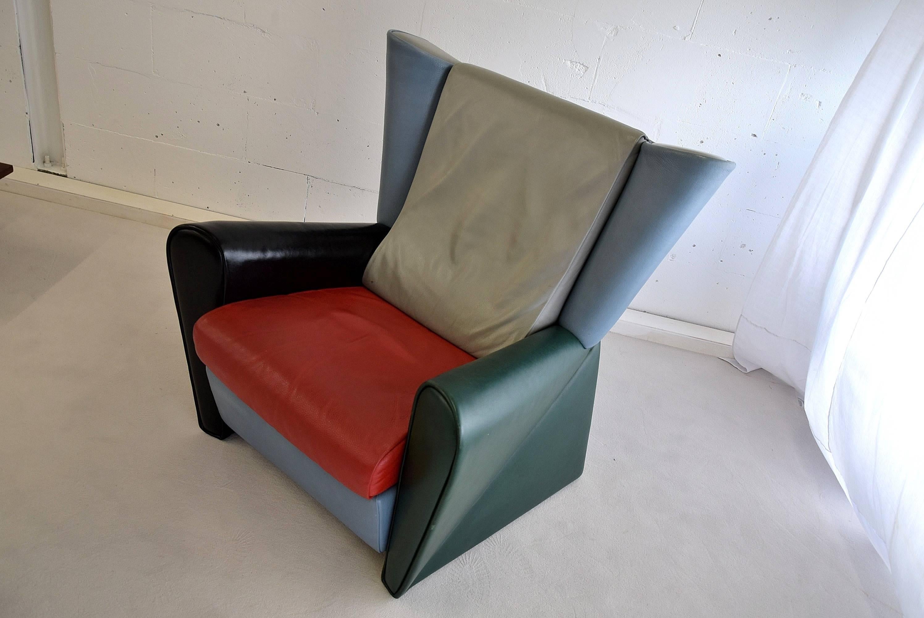 Late 20th Century Italian Post Modern Alessandro Mendini Multi Color Leather Lounge Chair For Sale
