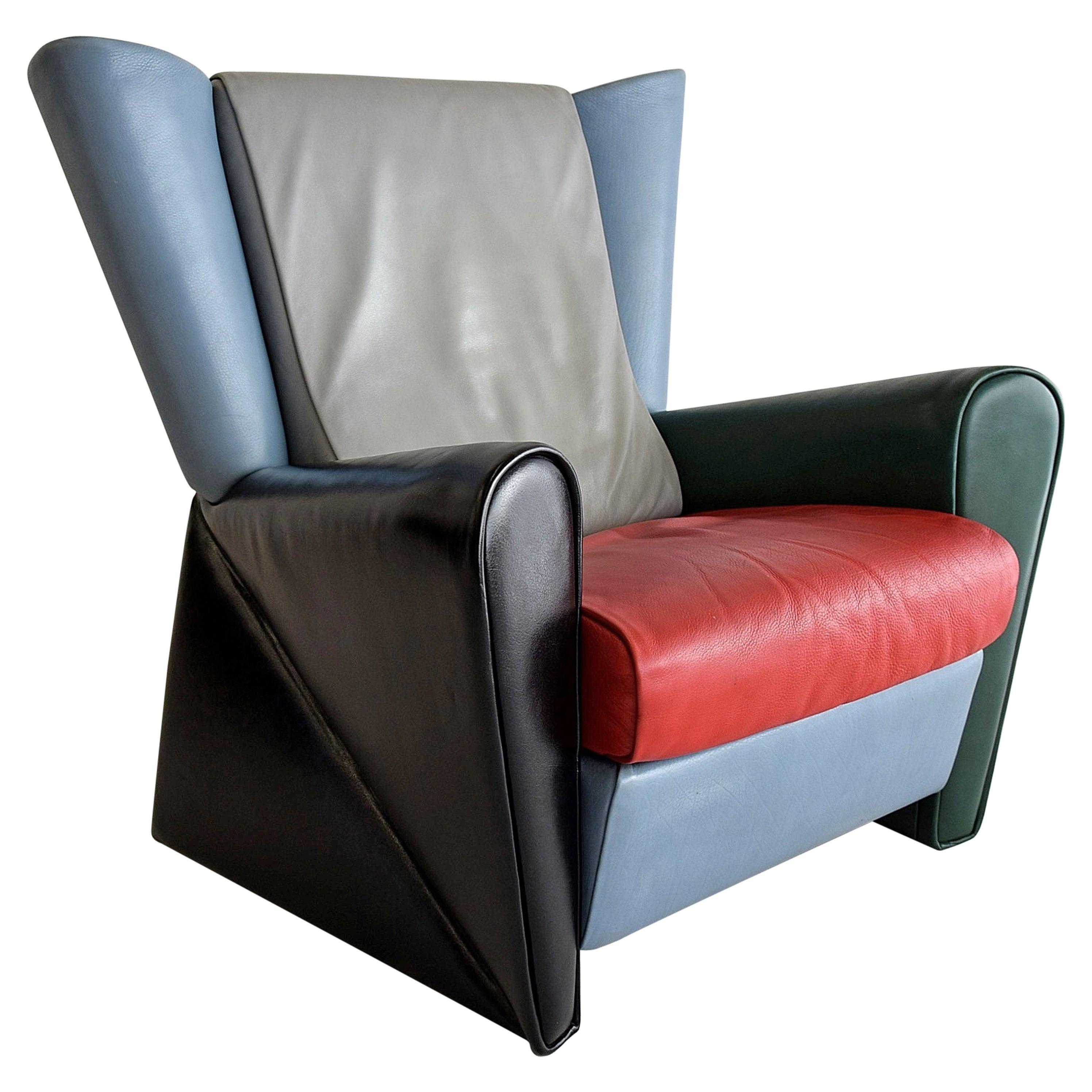 Italian Post Modern Alessandro Mendini Multi Color Leather Lounge Chair