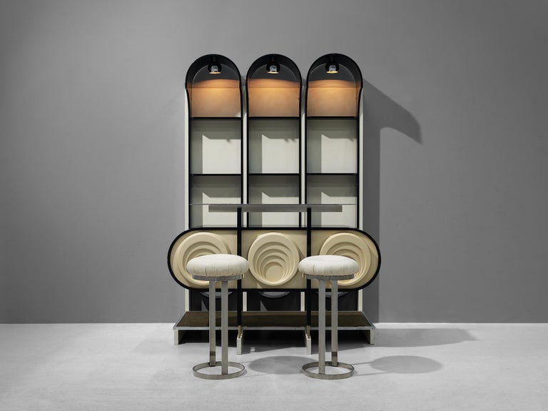 Cocktail bar with two stools, black lacquered wood, plastic, steel, chrome, glass, Italy, late 1970s/early 1980s. 

Eccentric Post-Modern cocktail bar with two matching stools. The combination of organic and geometrical forms in monochrome colors