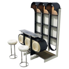 Retro Italian Post-Modern Bar Cabinet with Stools in Black Lacquered Wood