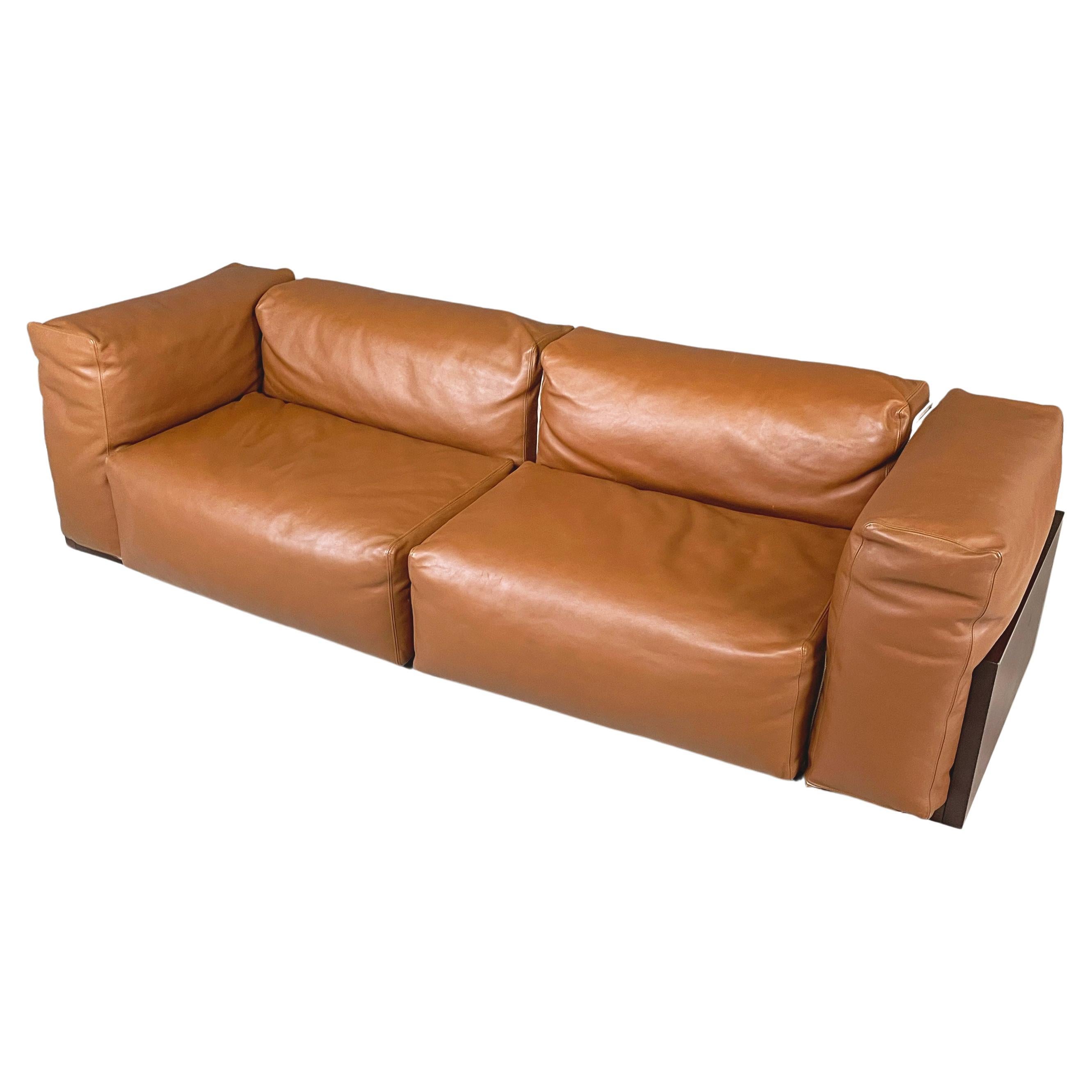 Italian post modern Brown leather and dark wood sofa by Cappellini, 2000s For Sale