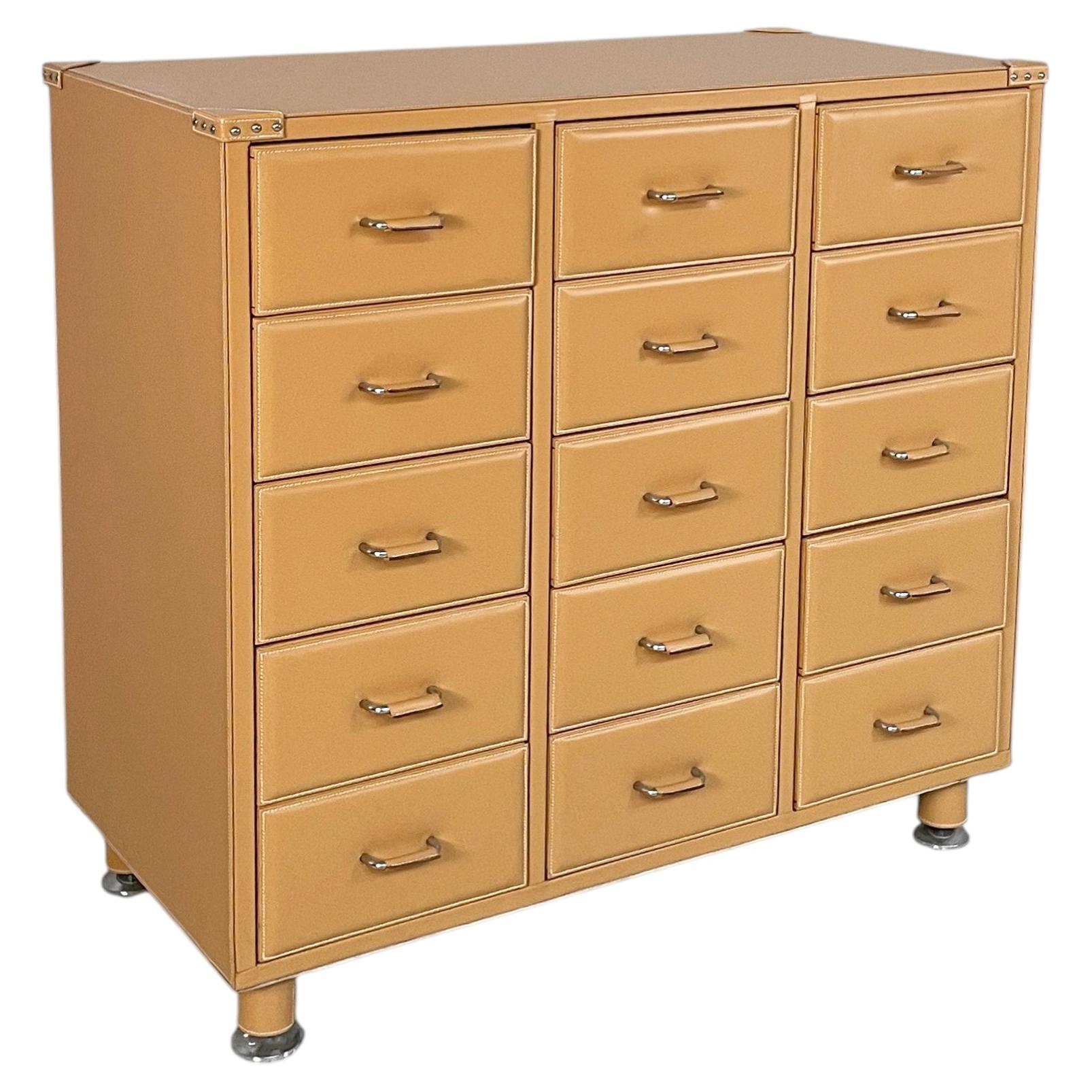 Italian post modern chest of drawers in beige leather, 2000s For Sale