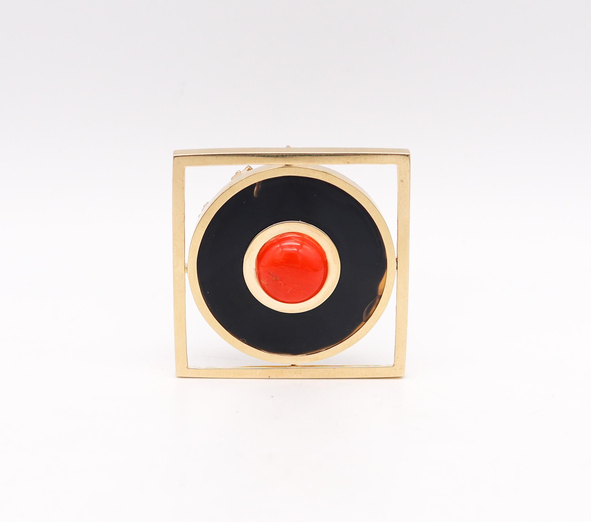 Women's Italian Post Modern Convertible Pendant Brooch In 18Kt Gold With Coral For Sale