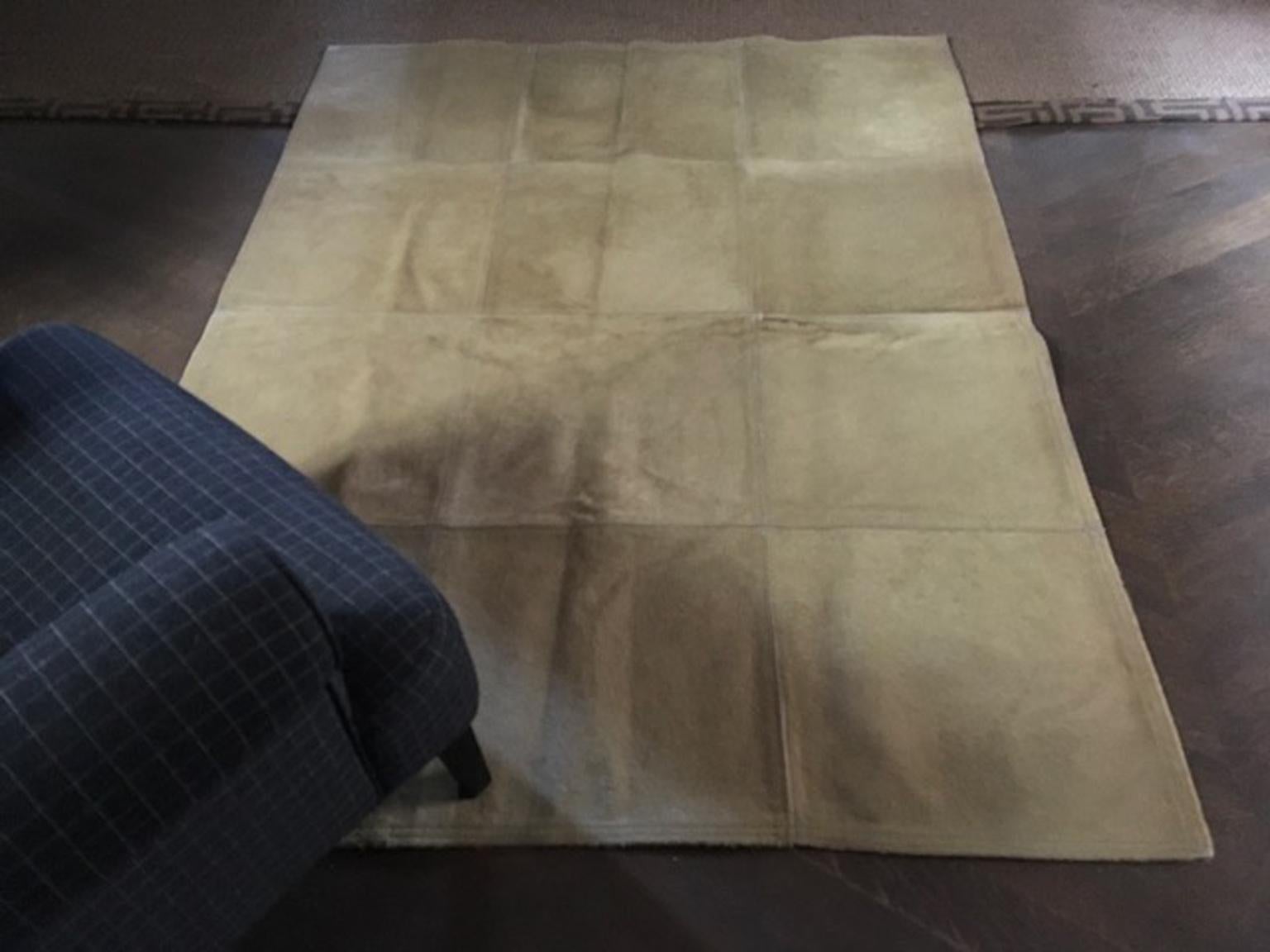 This is an elegant carpet made in leather, exactly cow leather. This rug has the short tan blond fur. It has been composed by twelve squares put together in perfect execution. It is not easy to find a so beautiful natural color. It is a pleasant