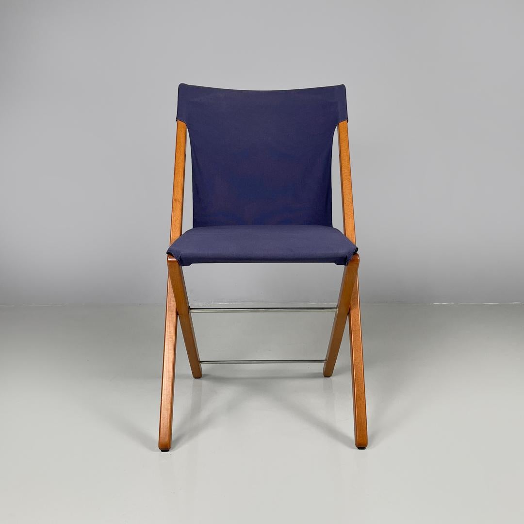 Post-Modern Italian post modern folding chair in wood and blue fabric structure, 1990s For Sale