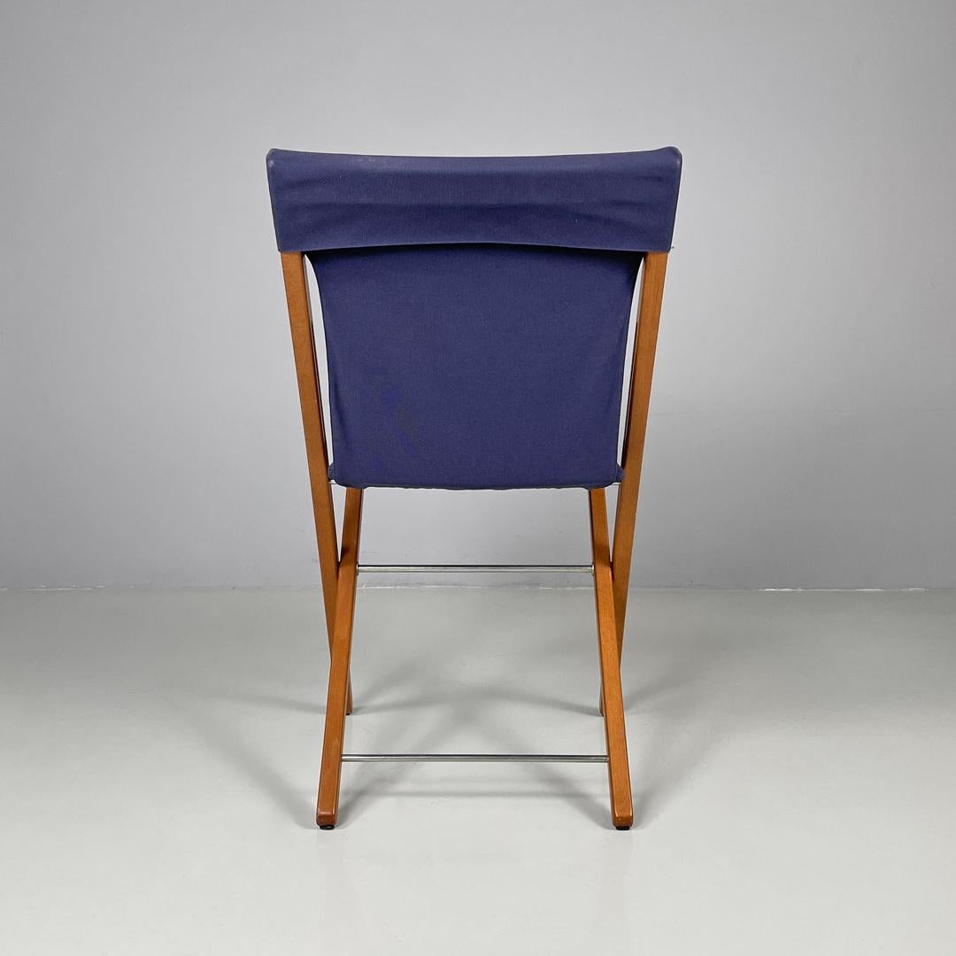 Fabric Italian post modern folding chair in wood and blue fabric structure, 1990s For Sale