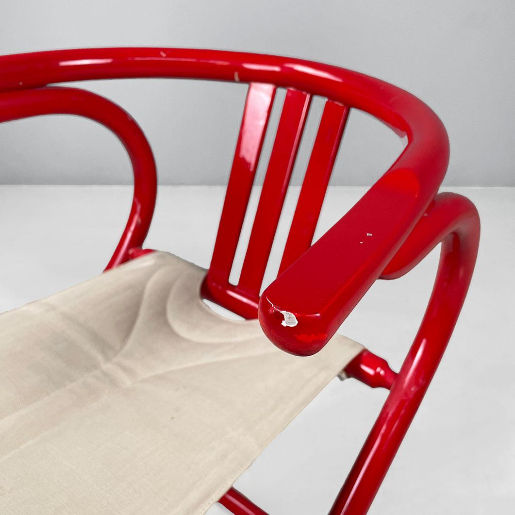 Italian post-modern folding tub chair in red wood and beige fabric, 1980s For Sale 4
