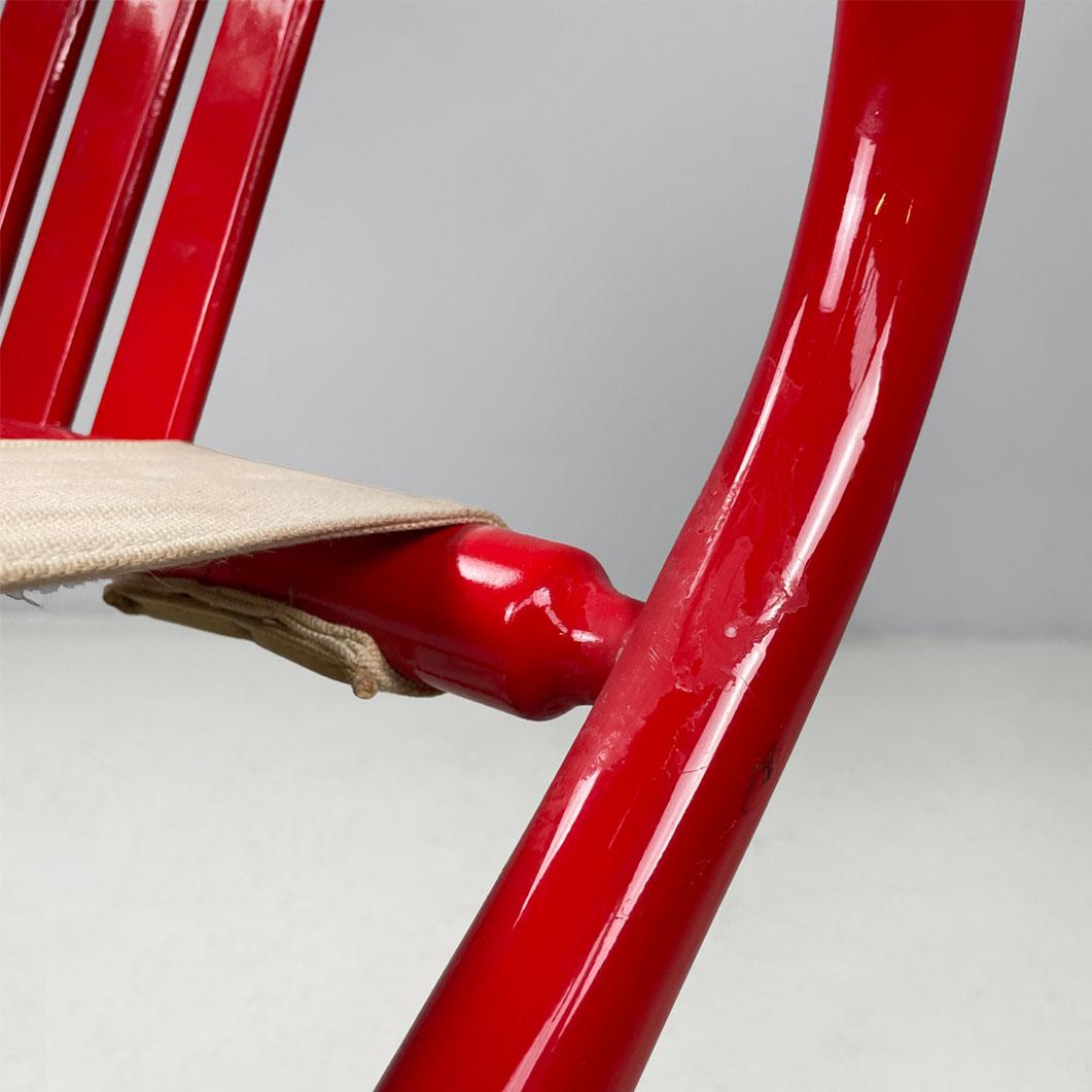 Italian post-modern folding tub chair in red wood and beige fabric, 1980s For Sale 5