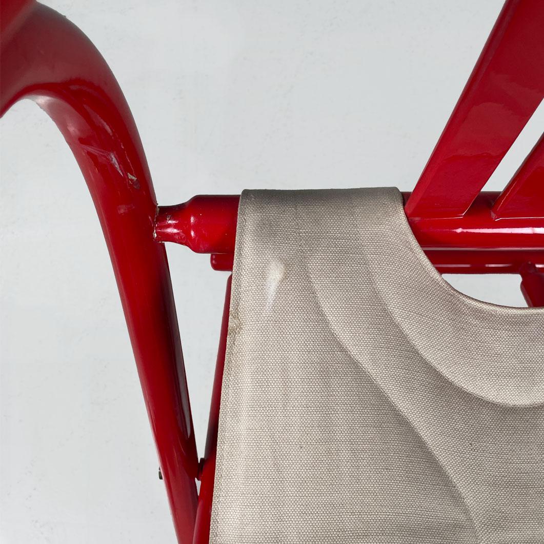 Italian post-modern folding tub chair in red wood and beige fabric, 1980s For Sale 7