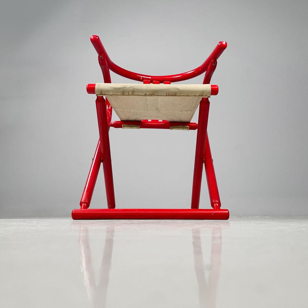 Italian post-modern folding tub chair in red wood and beige fabric, 1980s For Sale 9