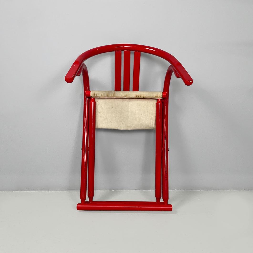 Italian post-modern folding tub chair in red wood and beige fabric, 1980s For Sale 12