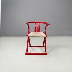Italian post-modern folding tub chair in red wood and beige fabric, 1980s