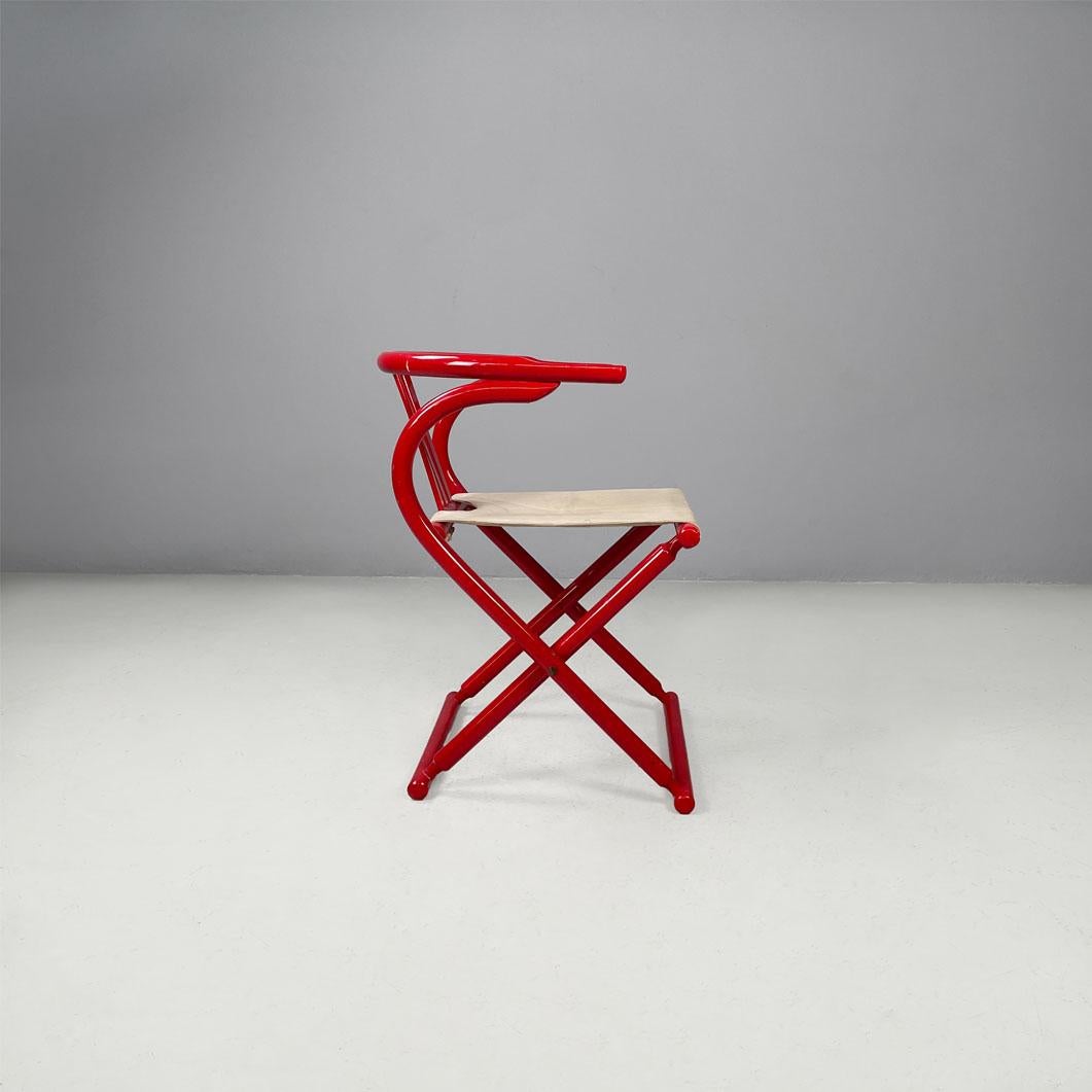 Post-Modern Italian post-modern folding tub chair in red wood and beige fabric, 1980s For Sale