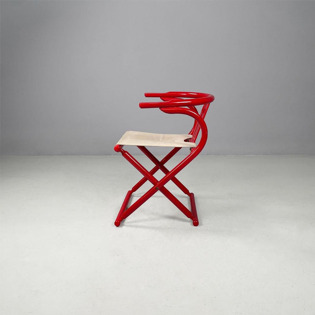 Late 20th Century Italian post-modern folding tub chair in red wood and beige fabric, 1980s For Sale