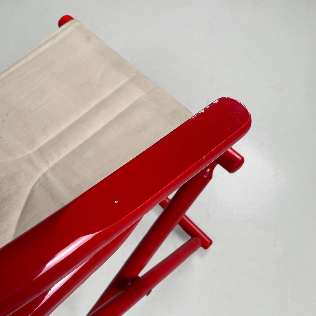 Fabric Italian post-modern folding tub chair in red wood and beige fabric, 1980s For Sale