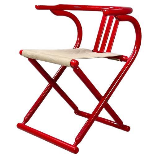 Italian post-modern folding tub chair in red wood and beige fabric, 1980s