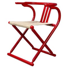 Chaise tubulaire pliante post-moderne italienne en bois rouge et tissu beige, années 1980