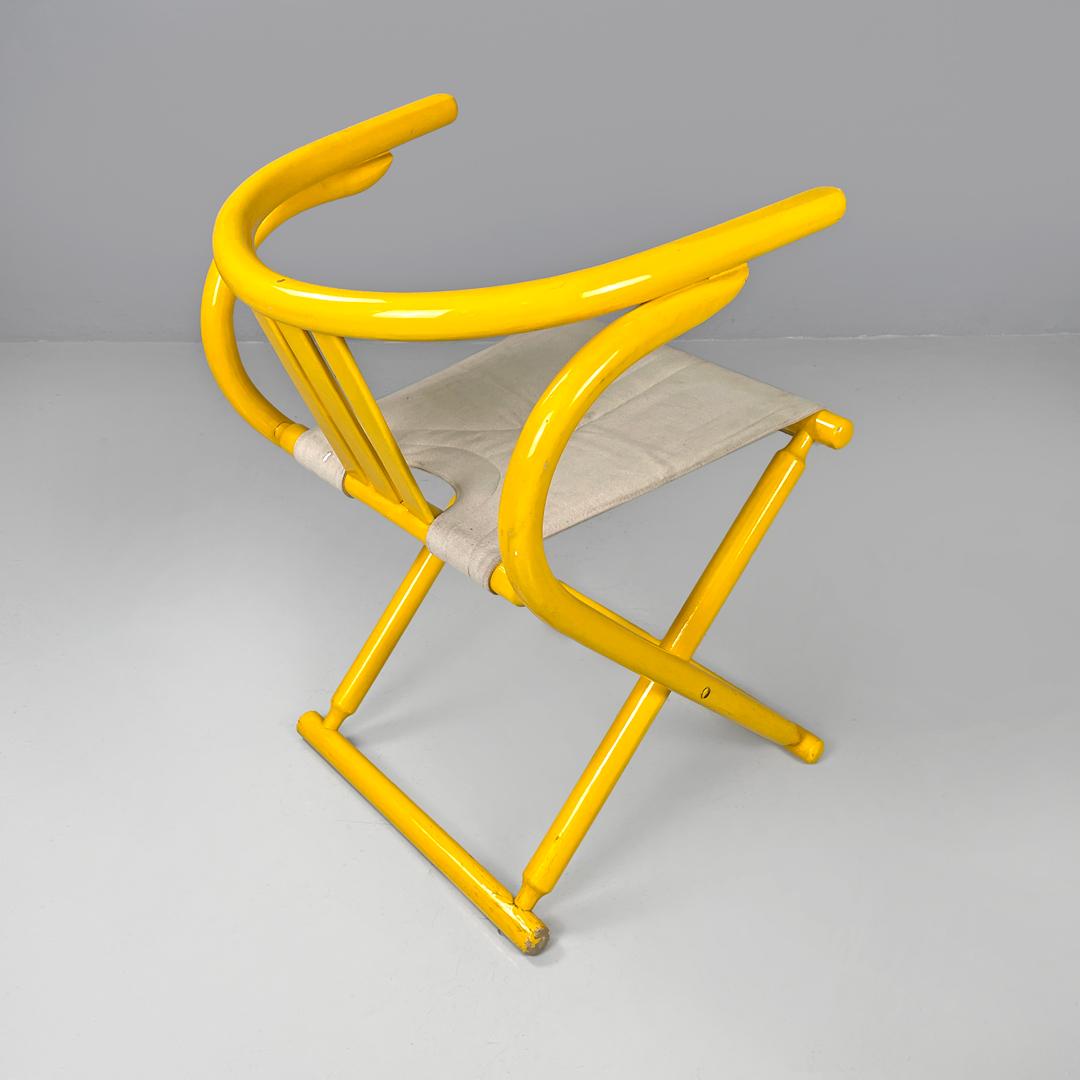 European Italian post-modern folding tub chair in yellow wood and beige fabric, 1980s For Sale