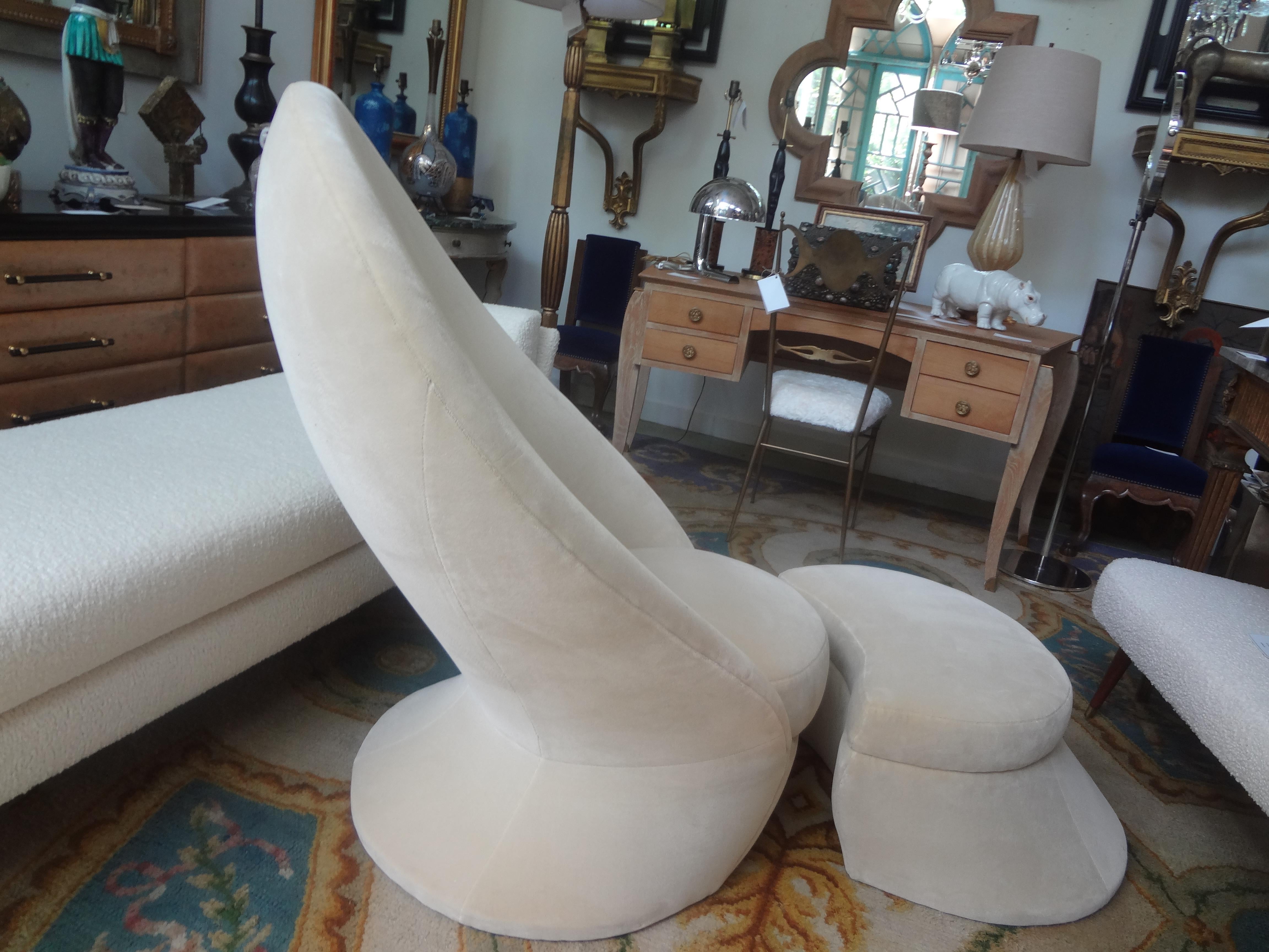 Mohair Italian Gio Ponti Inspired Sculptural Chair and Ottoman For Sale