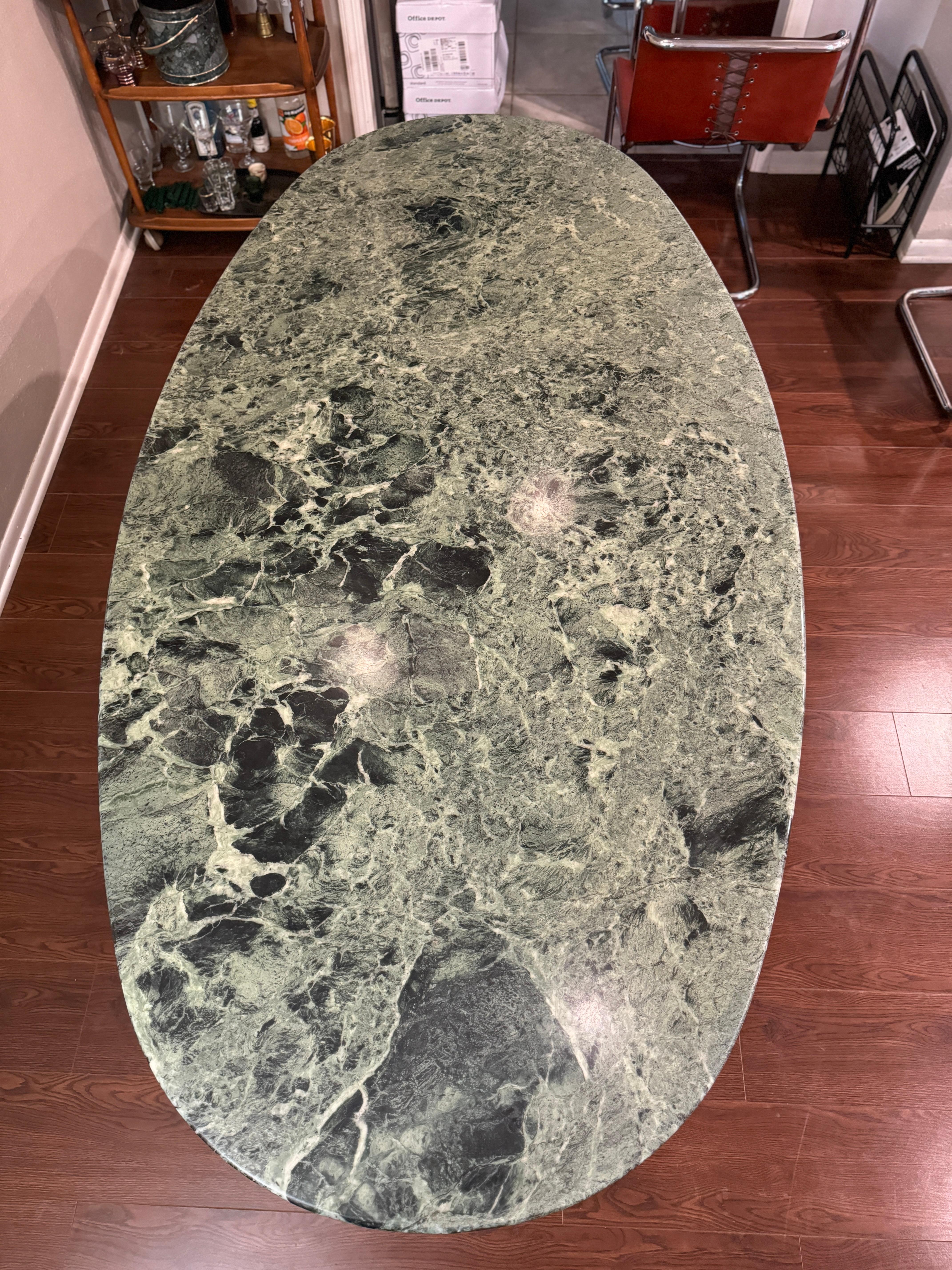 italian post modern green oval pedestal marble dining table by Roche & Bobois.  4