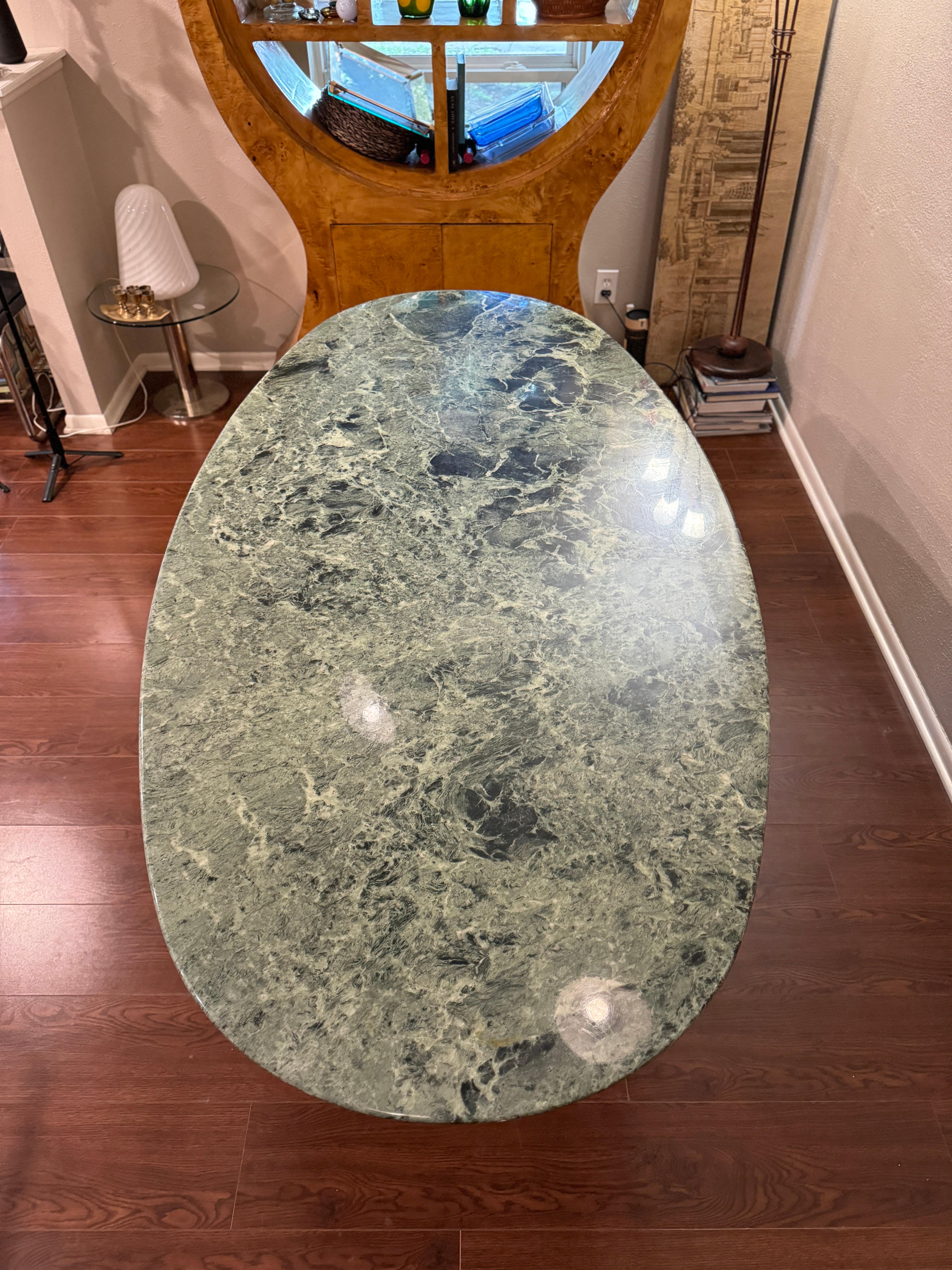italian post modern green oval pedestal marble dining table by Roche & Bobois.  For Sale 5