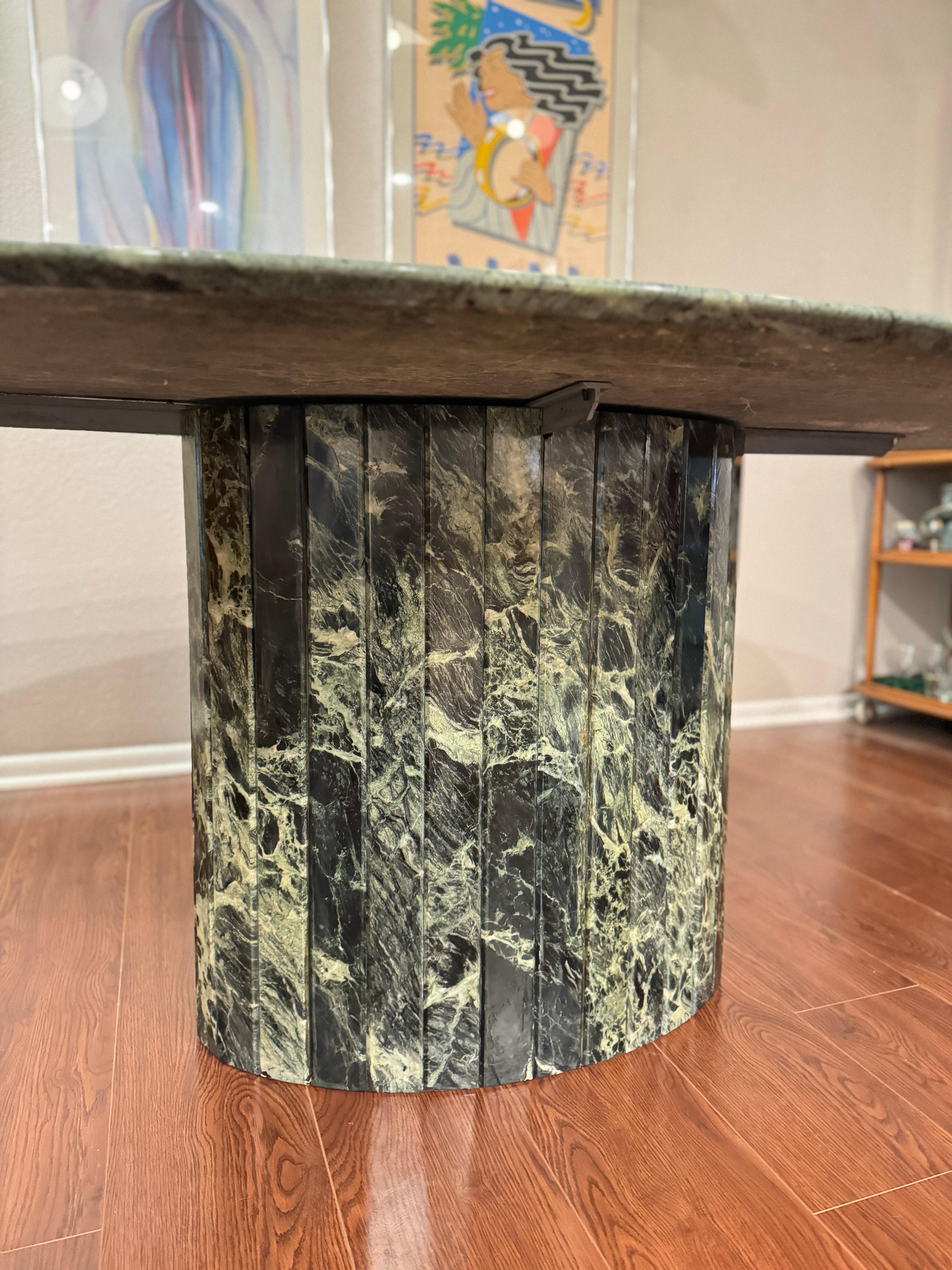 italian post modern green oval pedestal marble dining table by Roche & Bobois.  For Sale 7