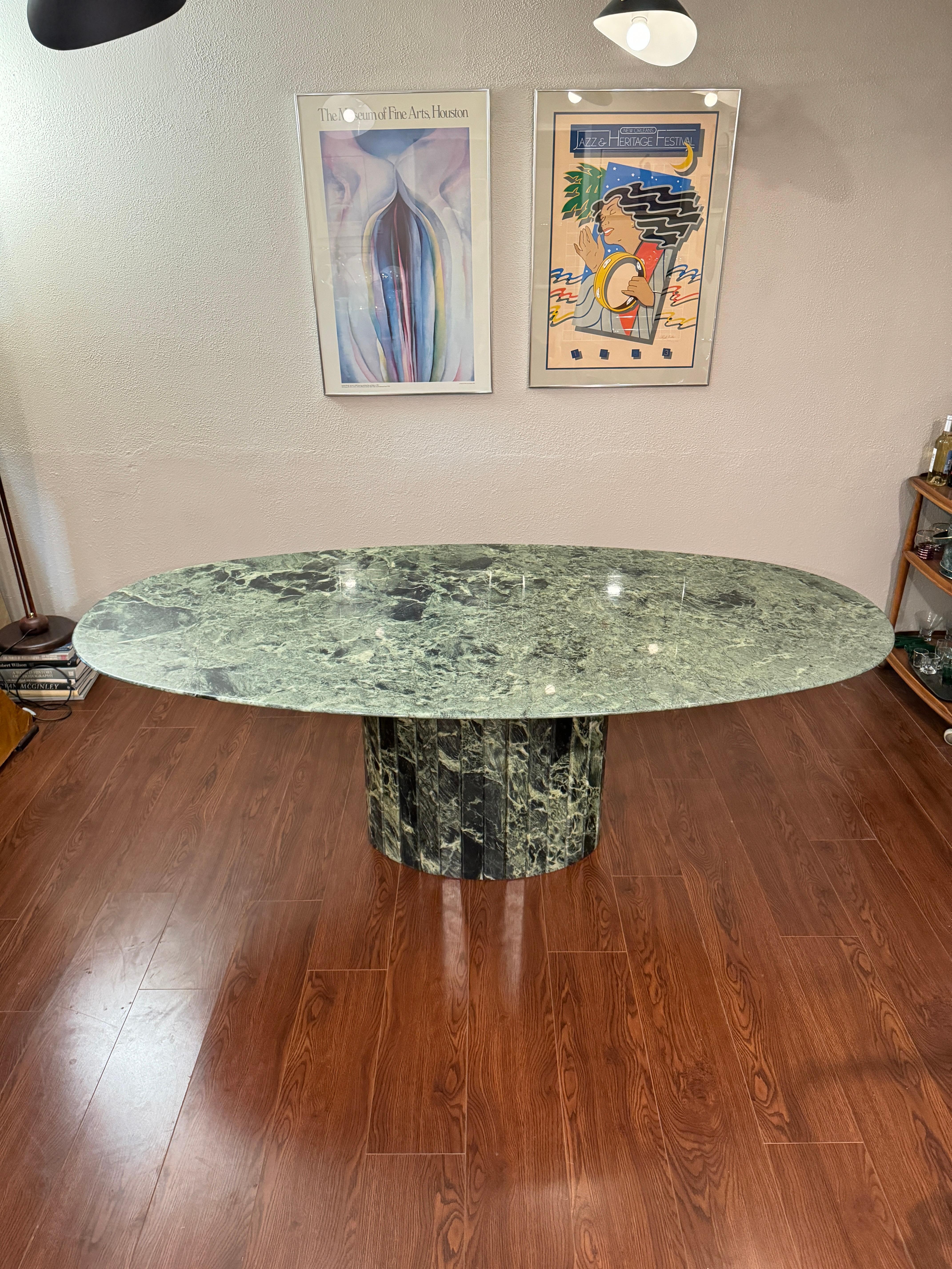 italian post modern green oval pedestal marble dining table by Roche & Bobois.  8