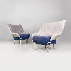 Italian post modern grey, blue fabric and white wood armchairs, 1980s