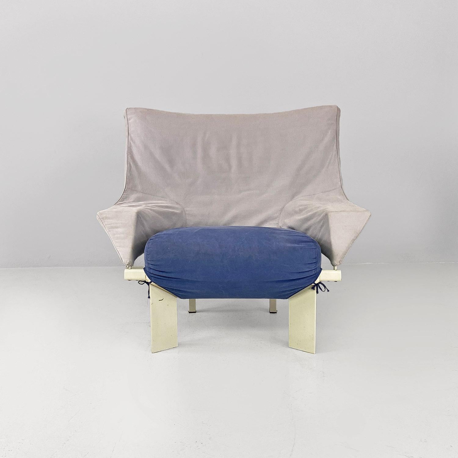 Italienische postmoderne Sessel aus grauem, blauem Stoff und weißem Holz, 1980er Jahre (Postmoderne) im Angebot