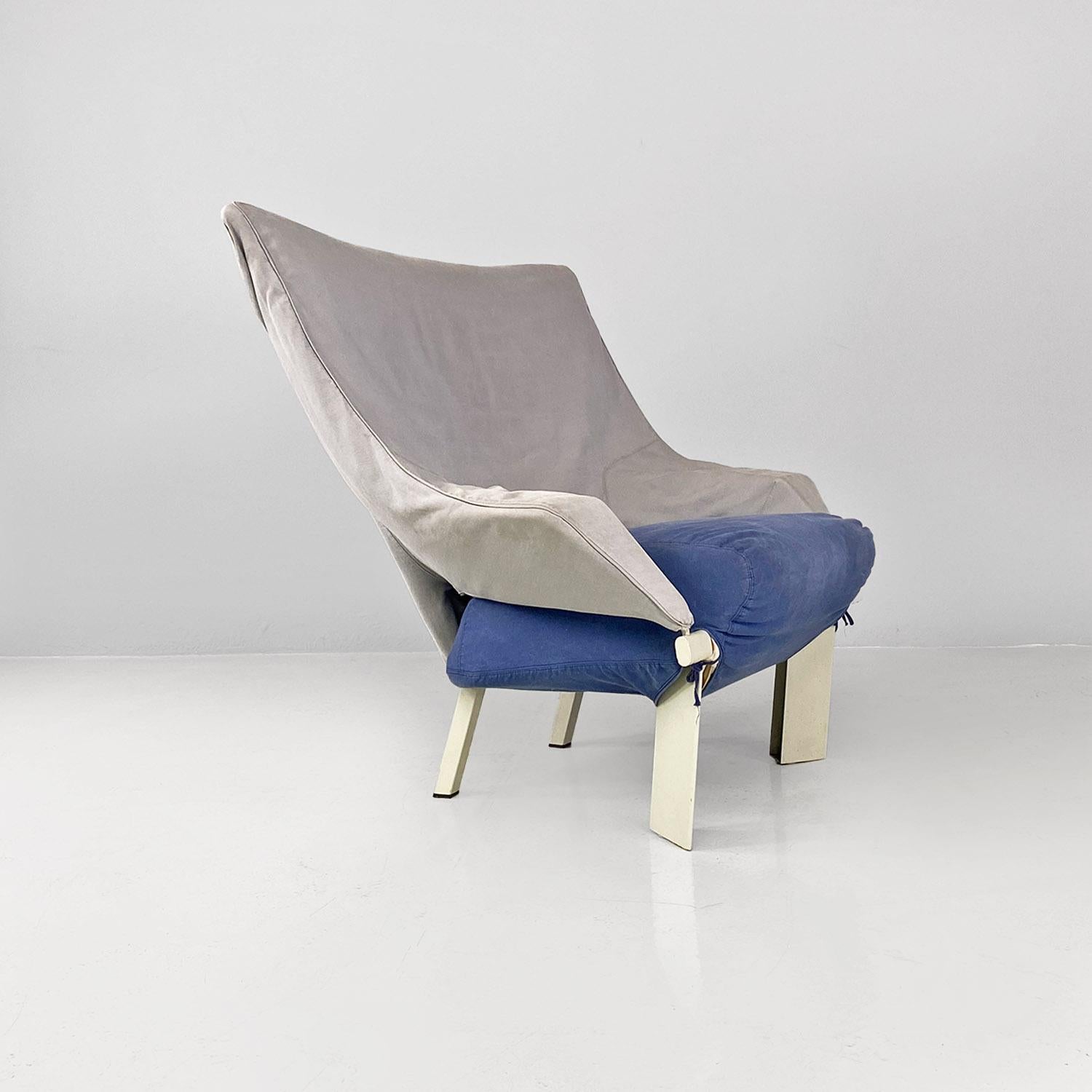 Italienische postmoderne Sessel aus grauem, blauem Stoff und weißem Holz, 1980er Jahre im Zustand „Gut“ im Angebot in MIlano, IT