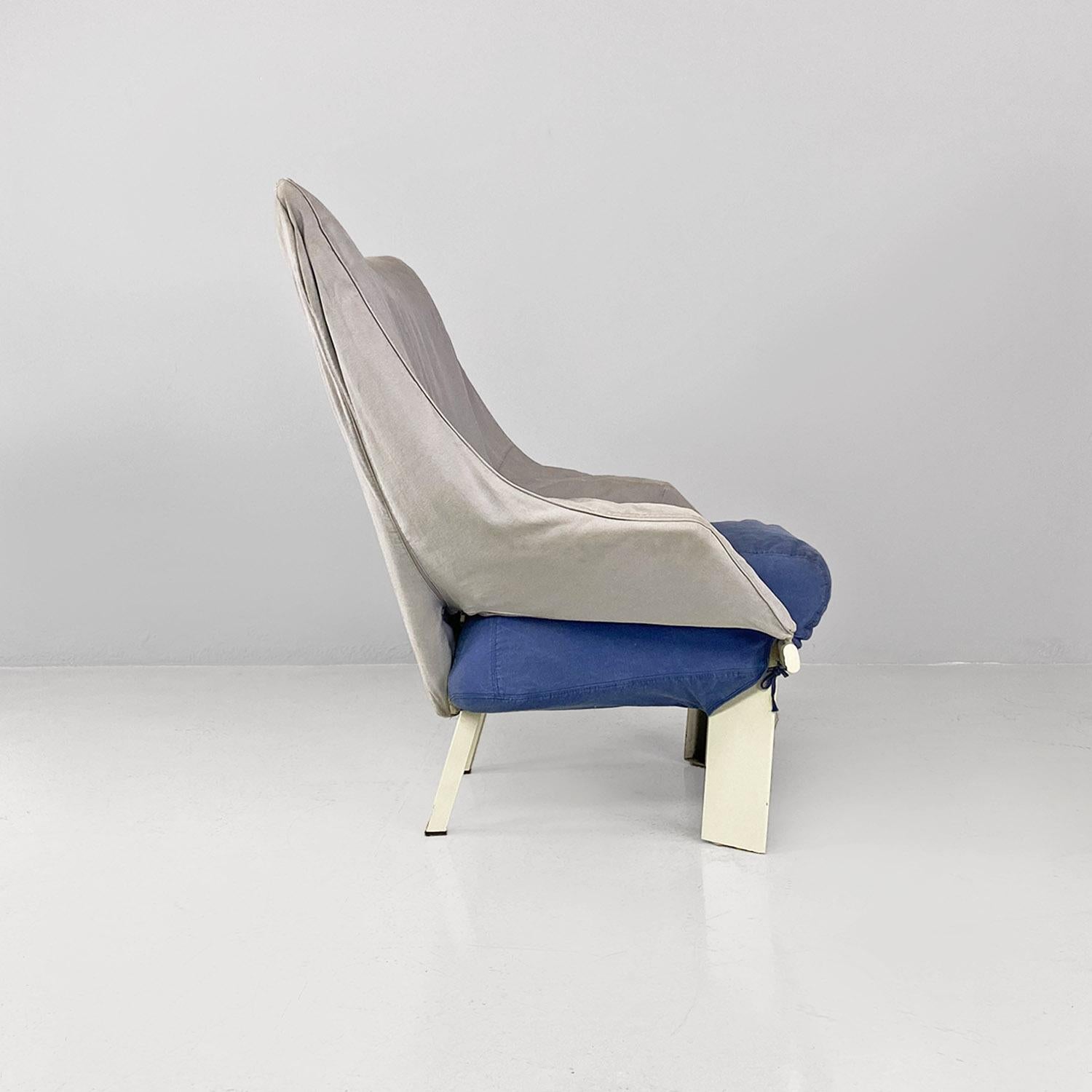 Italienische postmoderne Sessel aus grauem, blauem Stoff und weißem Holz, 1980er Jahre (Ende des 20. Jahrhunderts) im Angebot