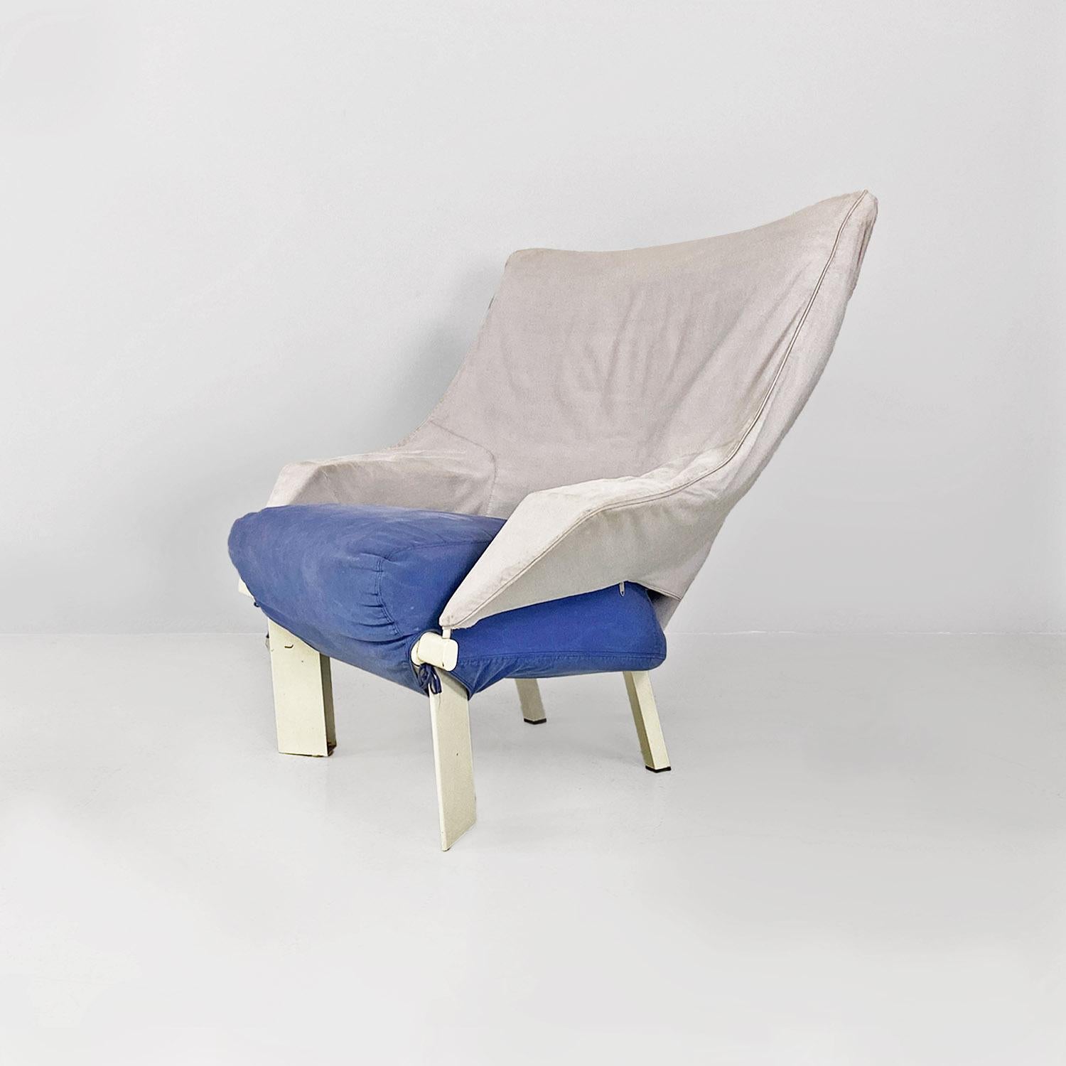 Italienische postmoderne Sessel aus grauem, blauem Stoff und weißem Holz, 1980er Jahre im Angebot 1